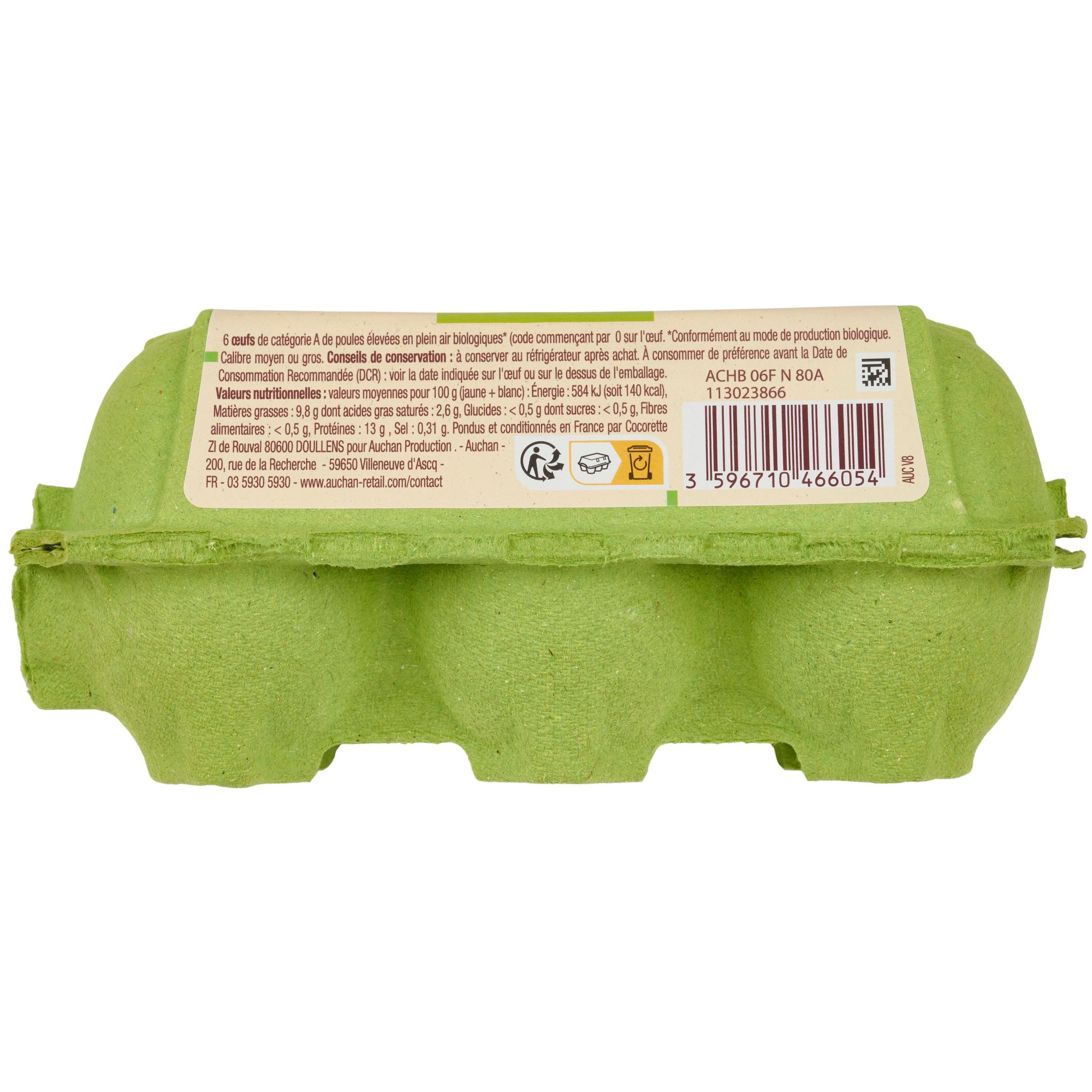 Voir la diapositive 3 : AUCHAN SOLIDAIRES BIO CULTIVONS LE BON Oeufs de poules élevées en plein air 6 pièces