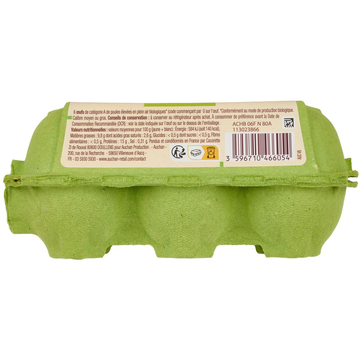 AUCHAN SOLIDAIRES BIO CULTIVONS LE BON Œufs de poules élevées en plein air 6 œufs