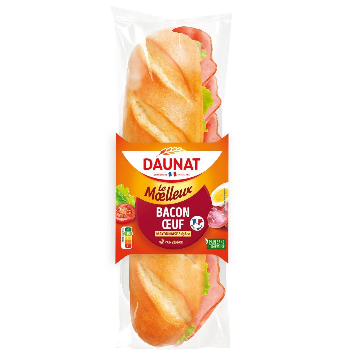 DAUNAT Le Moelleux sandwich bacon oeuf et mayonnaise légère pain viennois 230g