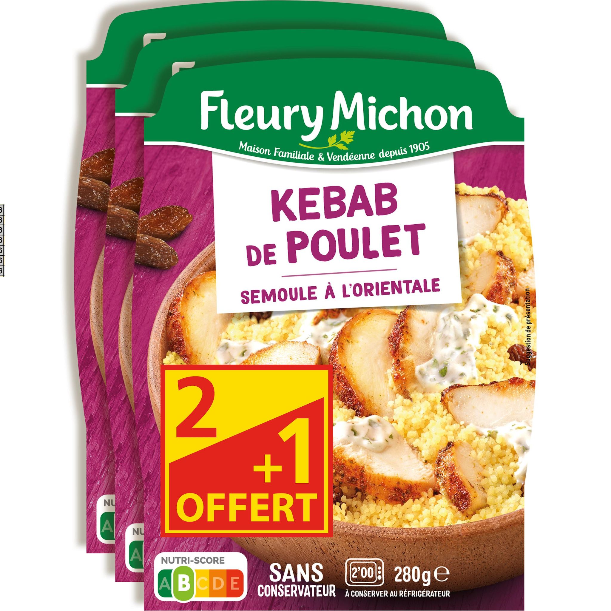 FLEURY MICHON Kebab de poulet et sa semoule à l'orientale 3 parts 2x280g + 1 offert