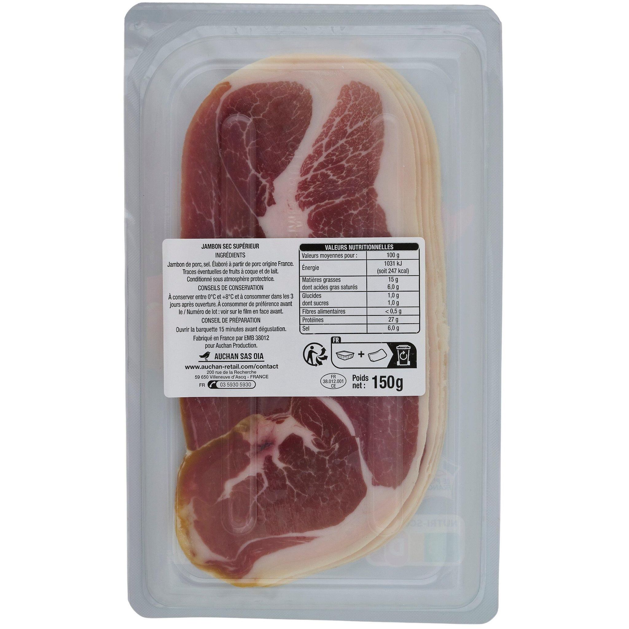 Voir la diapositive 3 : AUCHAN Jambon sec supérieur sans conservateurs 7 mois d'âge 6 tranches 150g