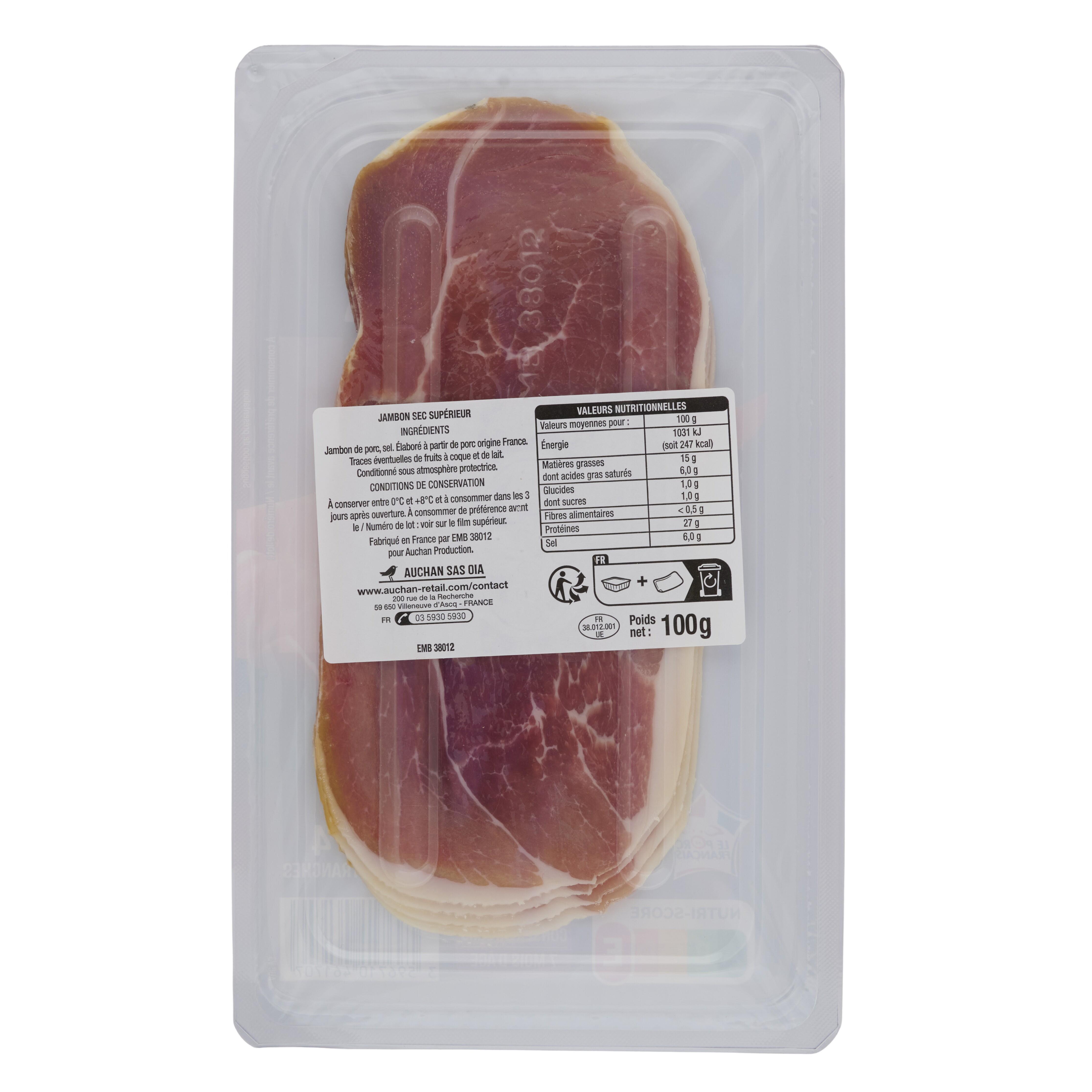 Voir la diapositive 2 : AUCHAN Jambon sec supérieur sans conservateurs 7 mois d'âge 4 tranches 100g