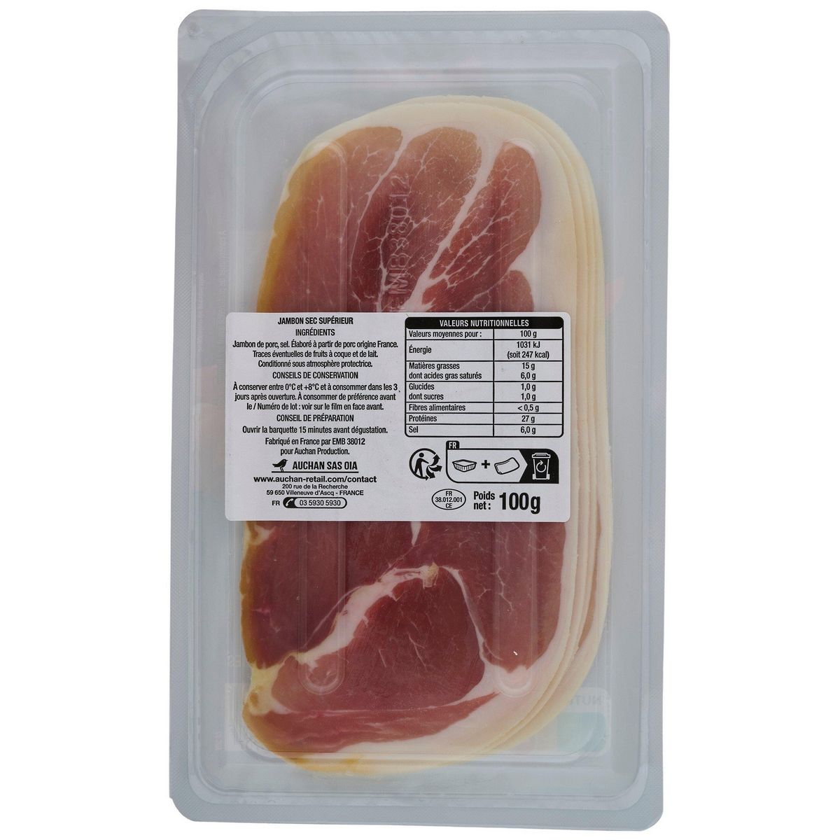 AUCHAN Jambon sec supérieur sans conservateurs 7 mois d'âge 4 tranches 100g