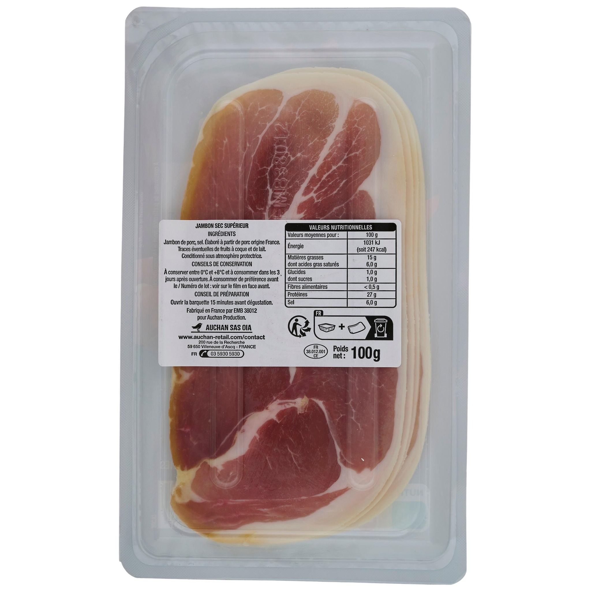 Voir la diapositive 4 : AUCHAN Jambon sec supérieur sans conservateurs 7 mois d'âge 4 tranches 100g