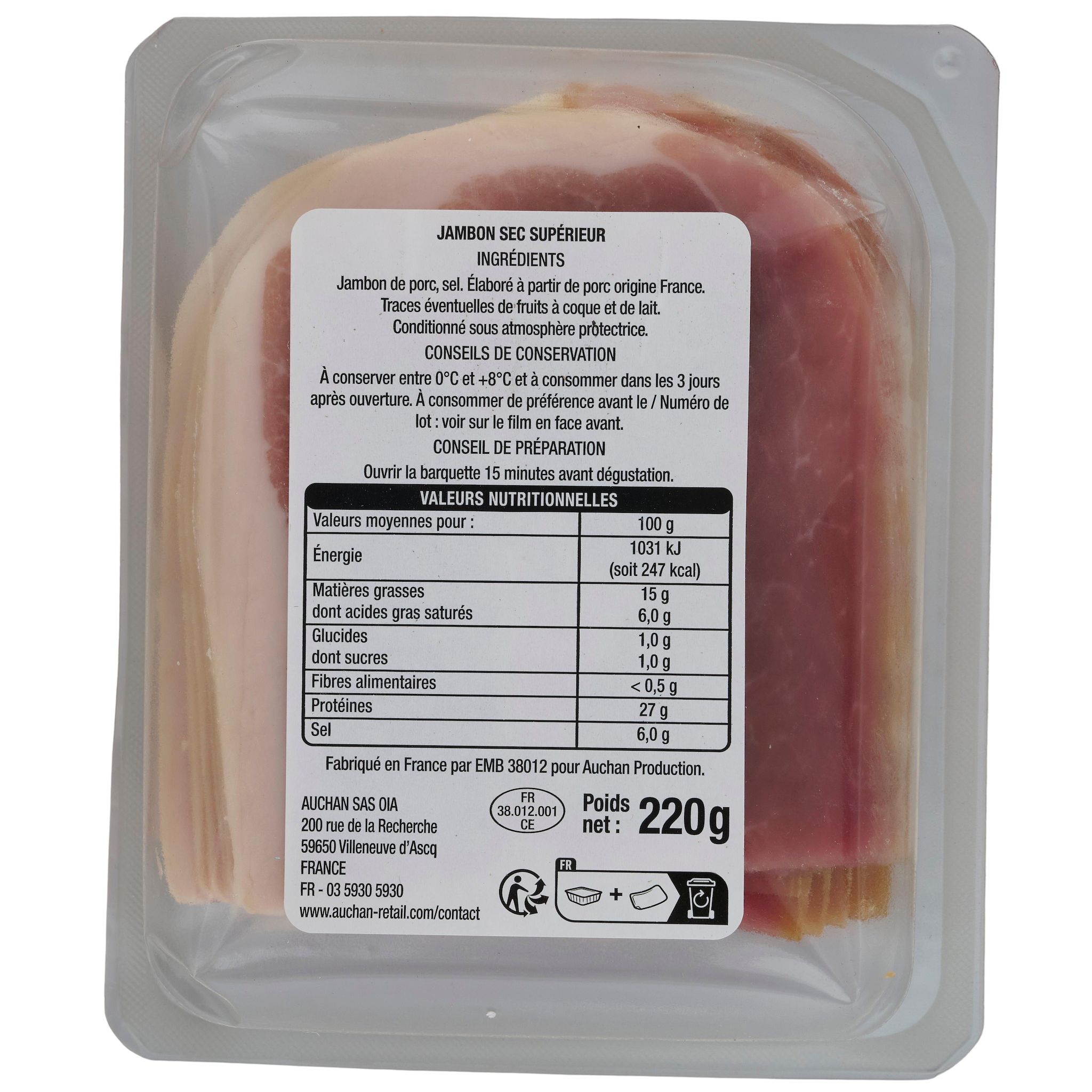 Voir la diapositive 2 : AUCHAN Quart de jambon sec sans conservateur 7 mois d'âge 18 tranches 220g