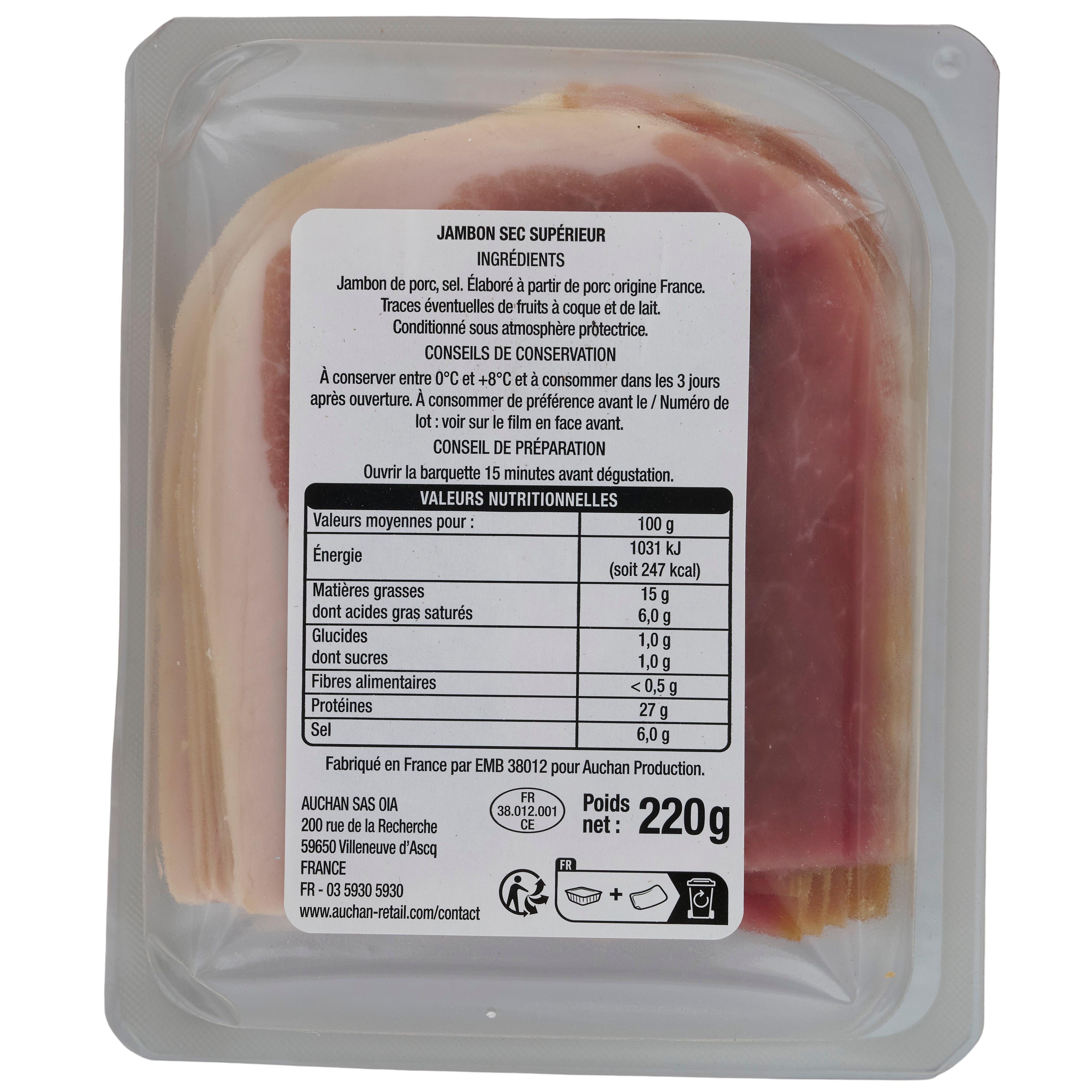 Voir la diapositive 3 : AUCHAN Quart de jambon sec sans conservateur 7 mois d'âge 18 tranches 220g