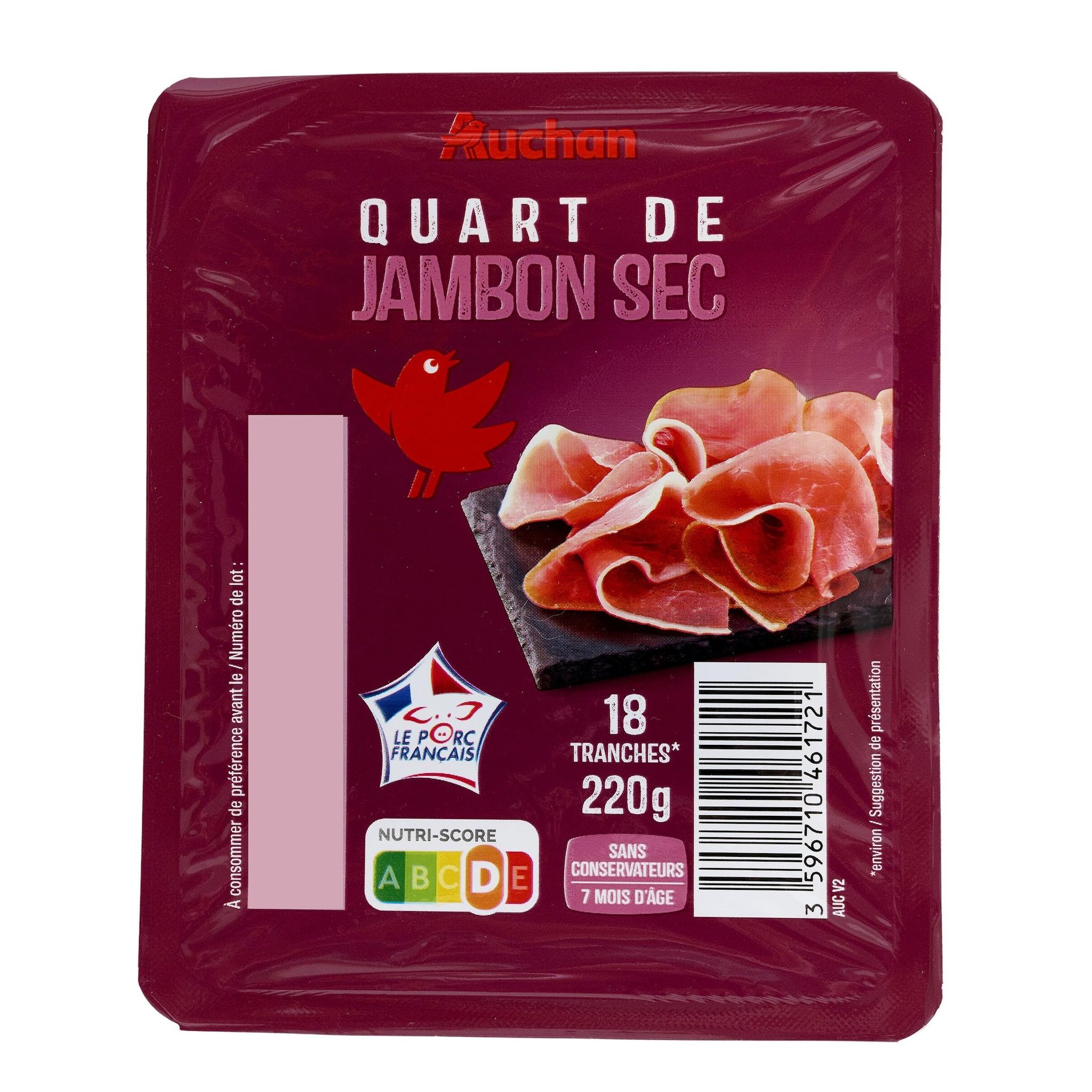Voir la diapositive 3 : AUCHAN Quart de jambon sec sans conservateur 7 mois d'âge 18 tranches 220g