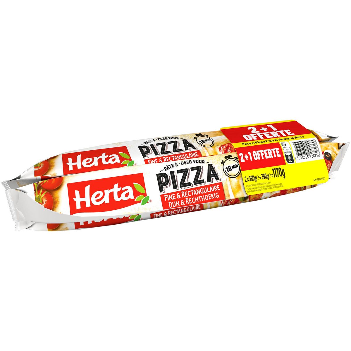 HERTA Pâte à pizza rectangulaire 2x390g +1offerte