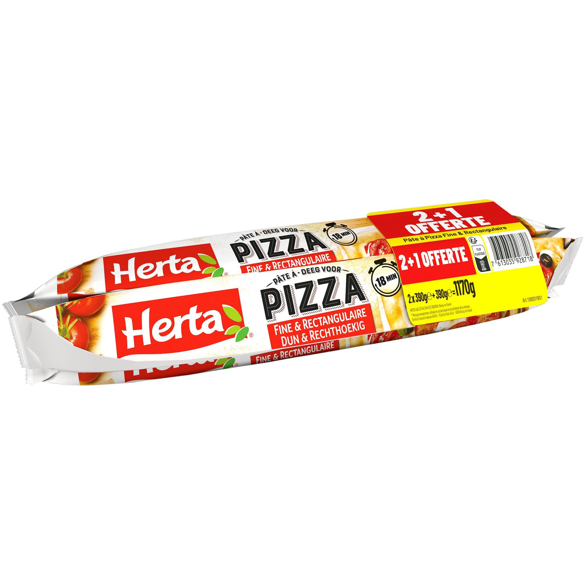 Voir la diapositive 3 : HERTA Pâte à pizza rectangulaire 2x390g +1offerte