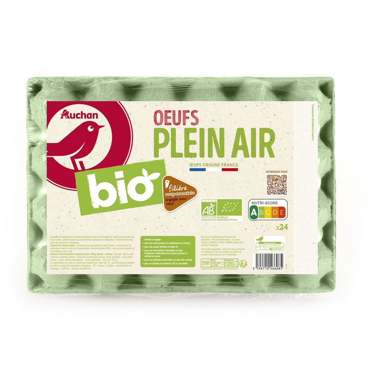 AUCHAN BIO Oeufs de poules élevées en plein air x24 filière responsable 24 œufs