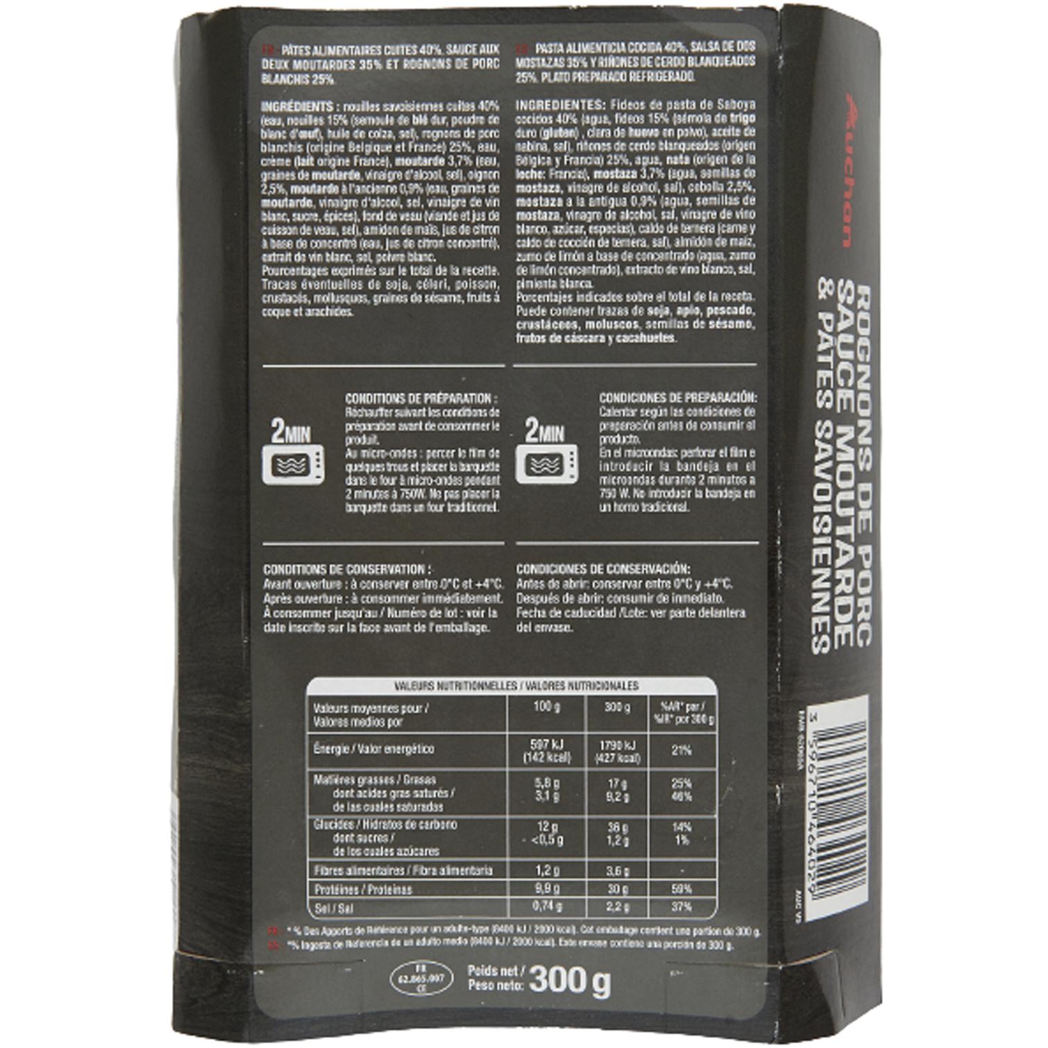 Voir la diapositive 2 : AUCHAN Rognons de porc et pâtes torsadées sauce moutarde 1 part 300g