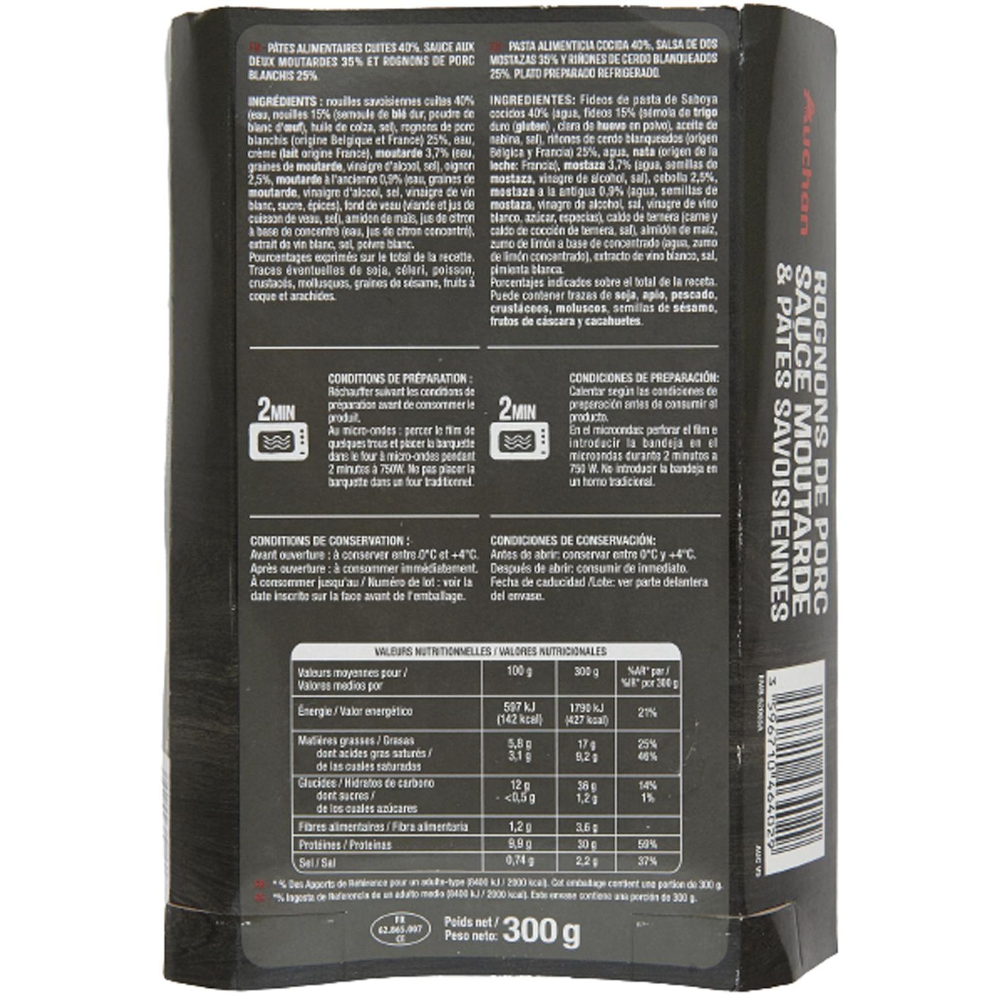 Voir la diapositive 2 : AUCHAN Rognons de porc et pâtes torsadées sauce moutarde 1 part 300g