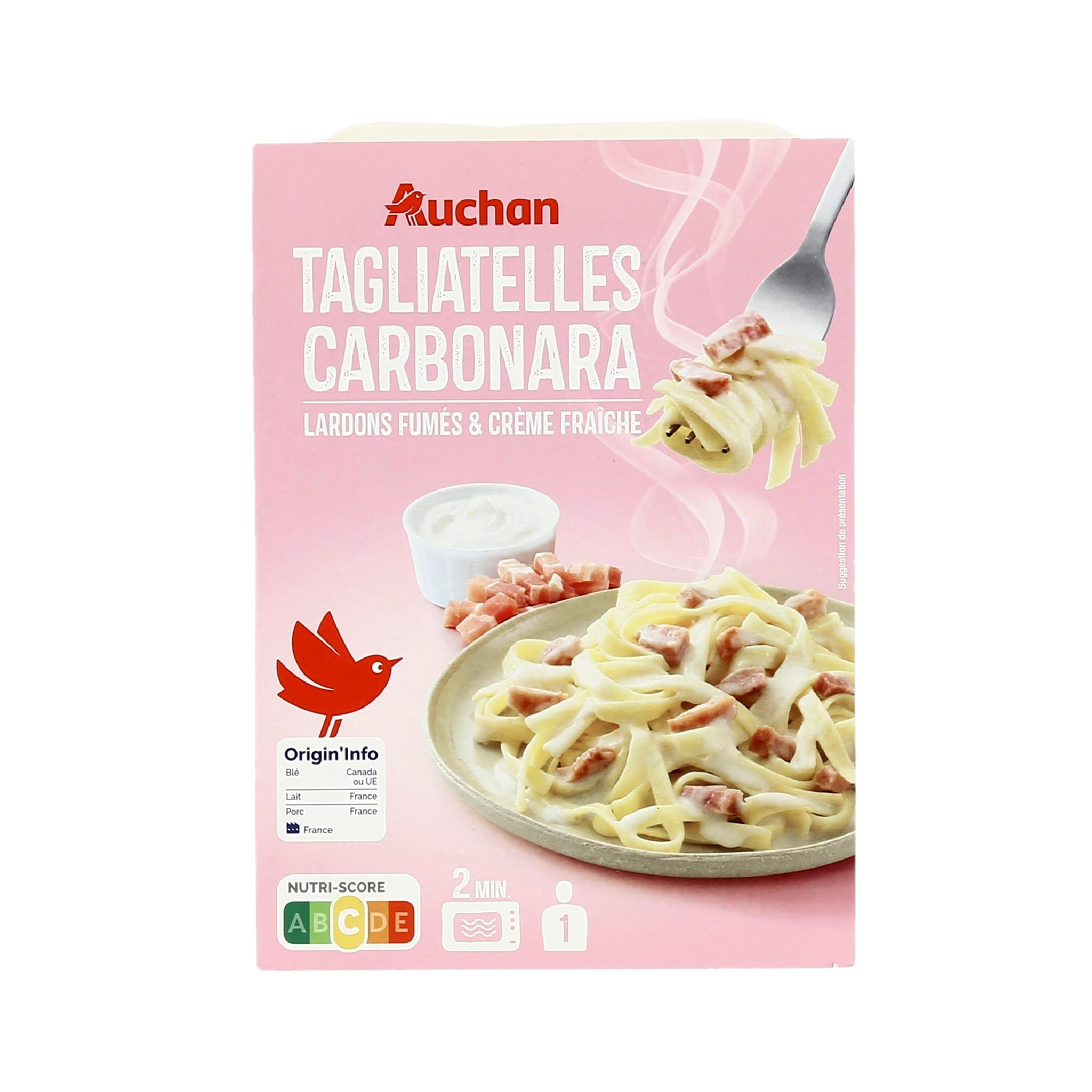 Voir la diapositive 2 : AUCHAN Tagliatelles à la carbonara aux lardons fumés sans couverts 1 part 300g