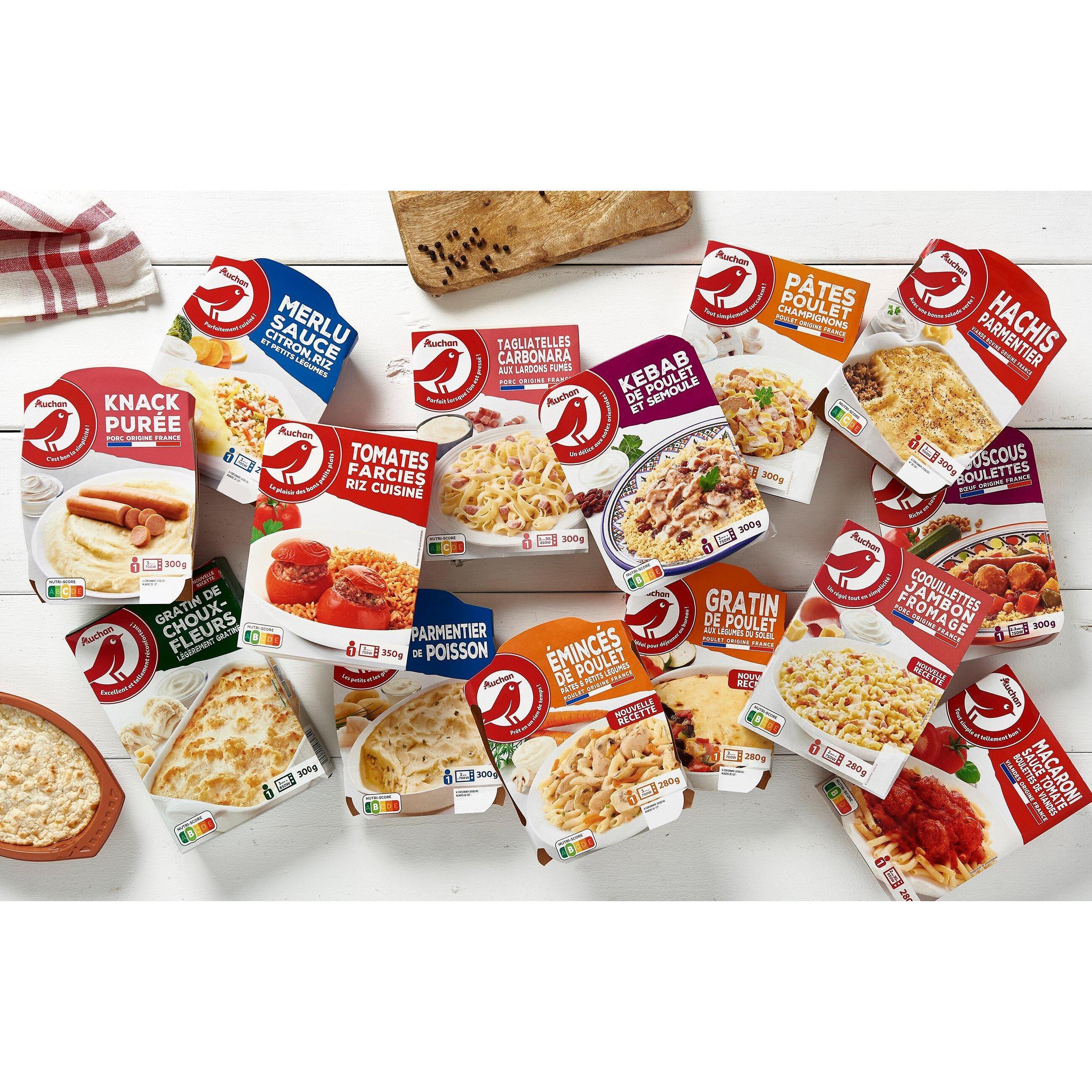 Voir la diapositive 3 : AUCHAN Tagliatelles à la carbonara aux lardons fumés sans couverts 1 part 300g