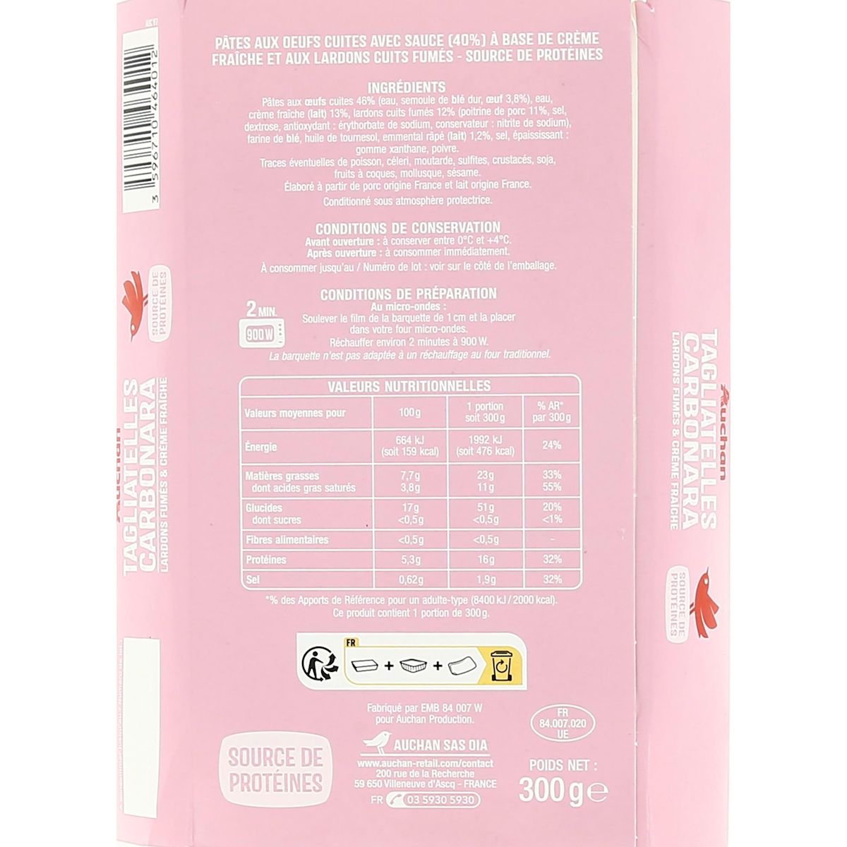 AUCHAN Tagliatelles à la carbonara aux lardons fumés sans couverts 1 part 300g