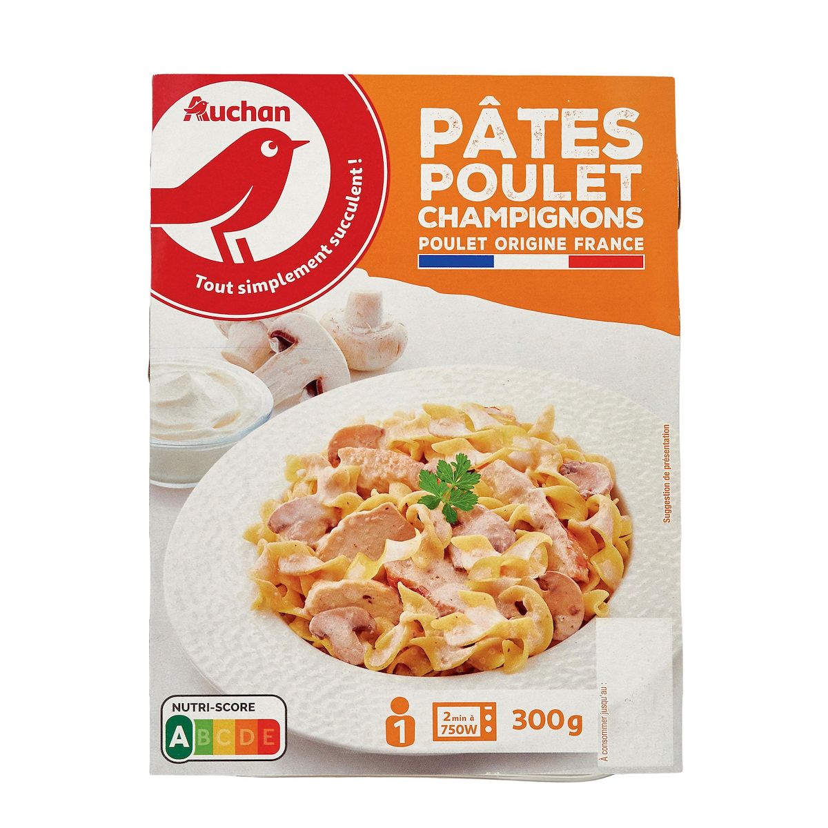 AUCHAN Pâtes au poulet et champignons sans couverts 1 part 300g