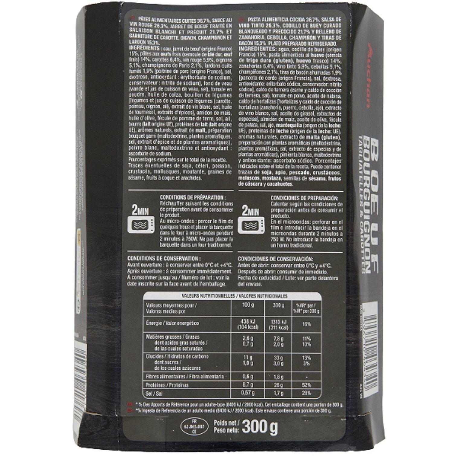 Voir la diapositive 2 : AUCHAN Bœuf bourguignon, tagliatelles et carottes 1 part 300g