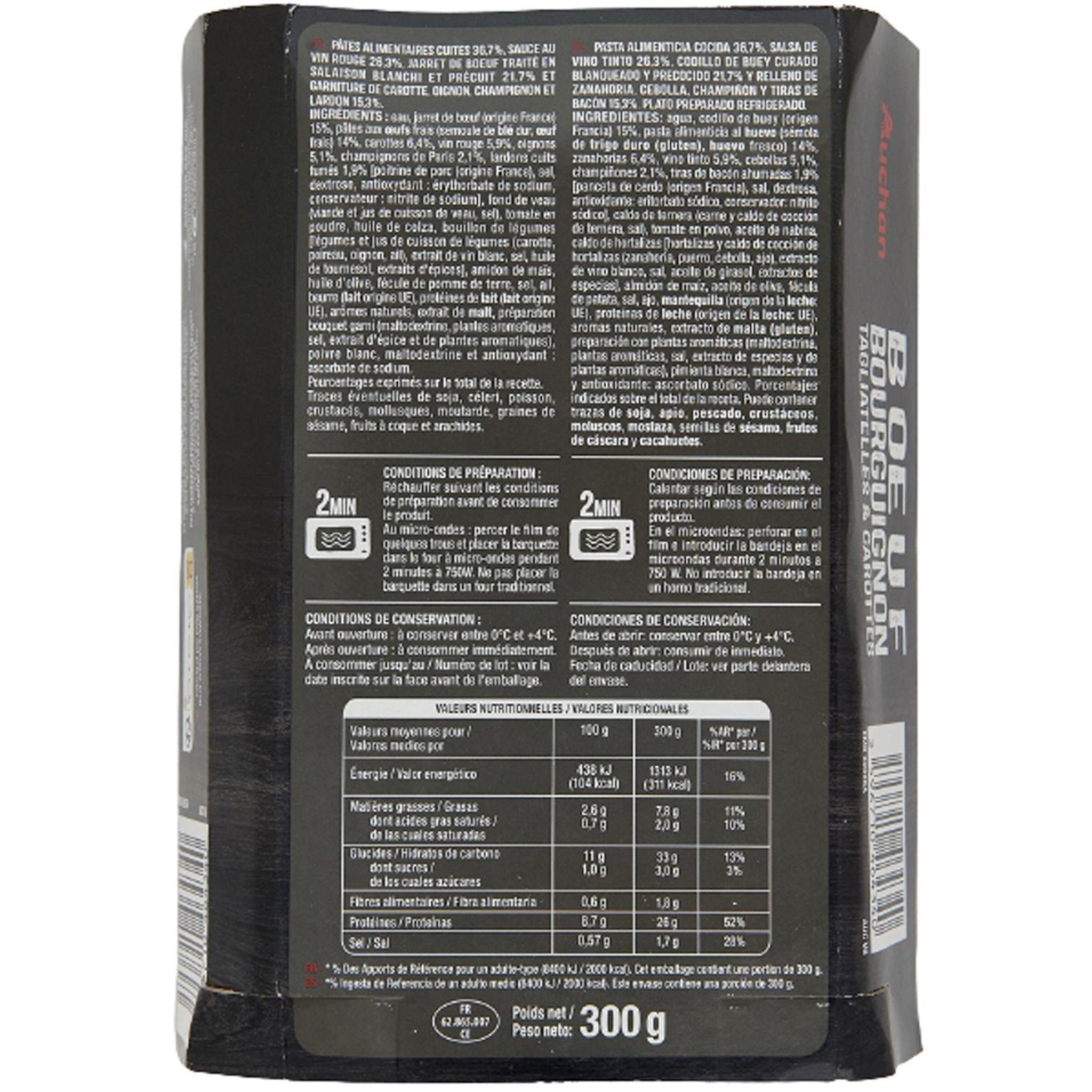 Voir la diapositive 2 : AUCHAN Bœuf bourguignon, tagliatelles et carottes 1 part 300g