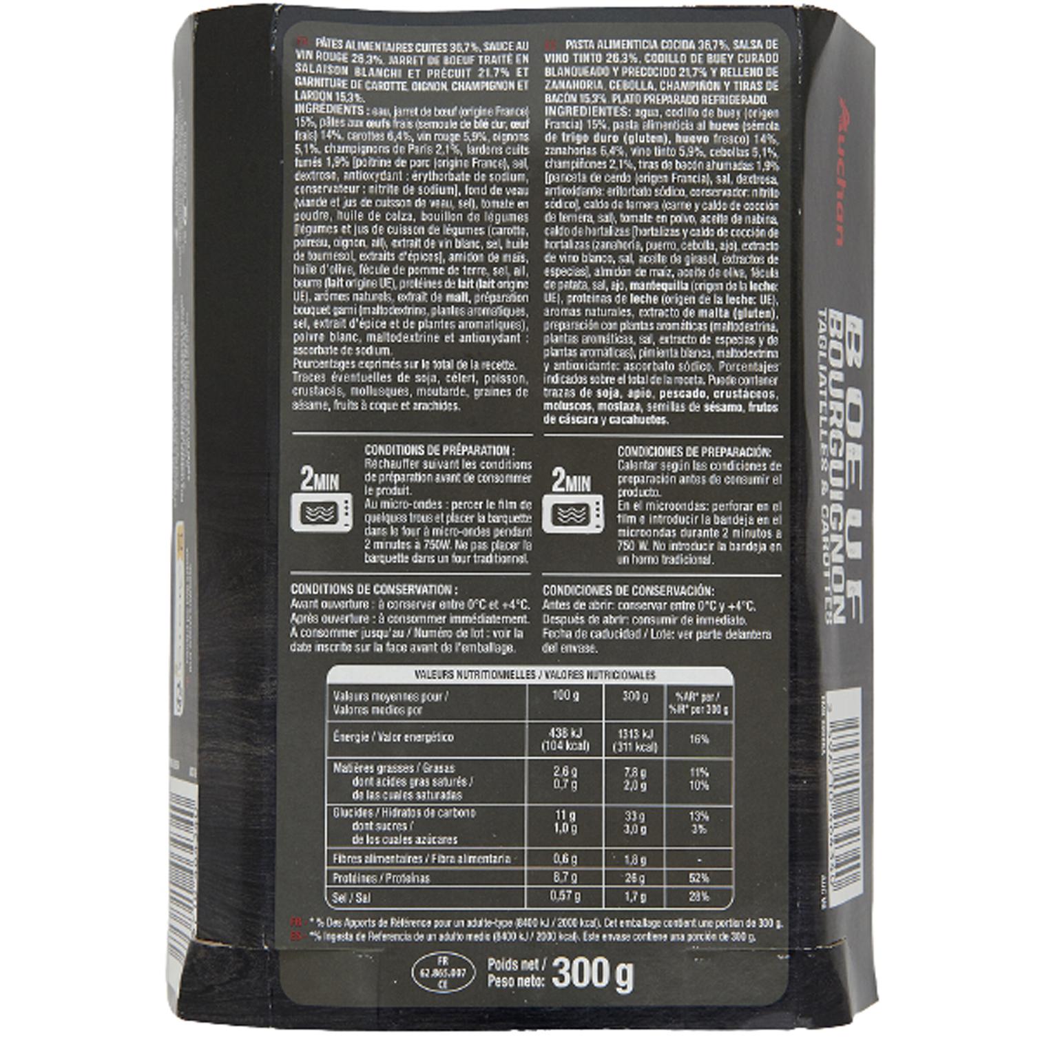 Voir la diapositive 3 : AUCHAN Bœuf bourguignon, tagliatelles et carottes 1 part 300g