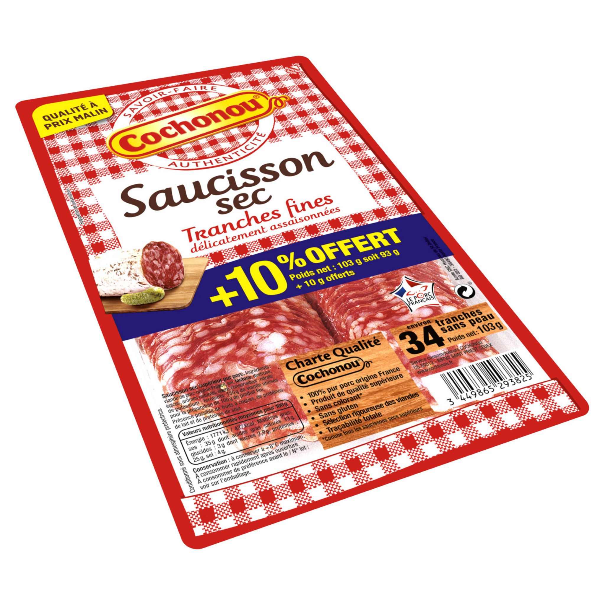Voir la diapositive 2 : COCHONOU Saucisson sec tranches fines 34 tranches fines 93g+10% offert