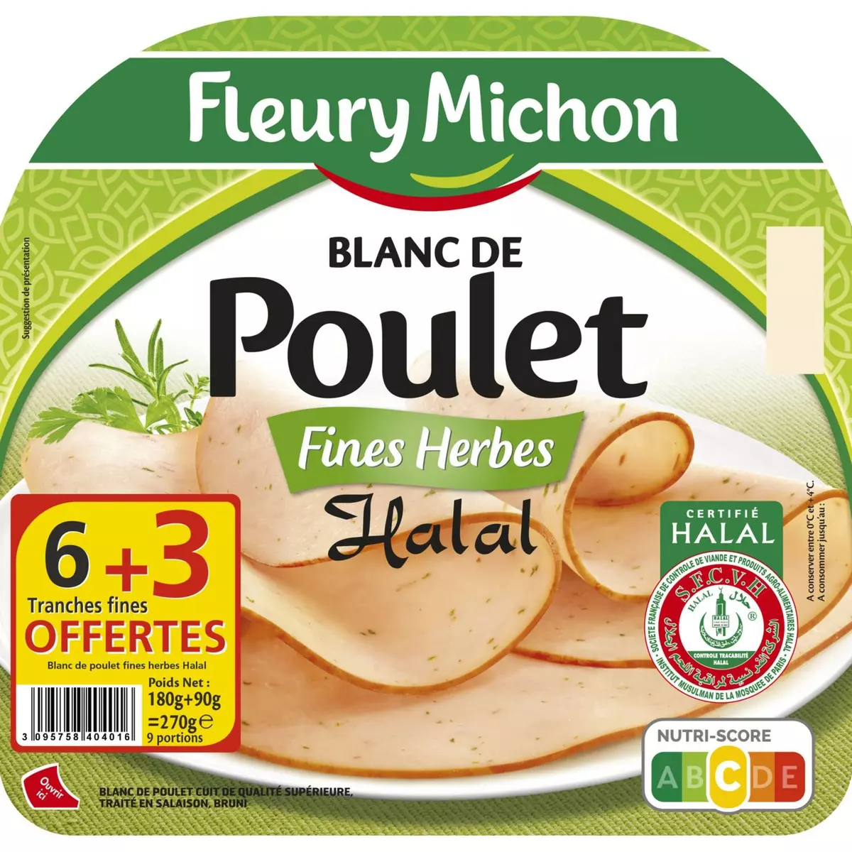 FLEURY MICHON Fleury Blancs de poulet fines herbes halal 6 tranches +3 offertes 270g