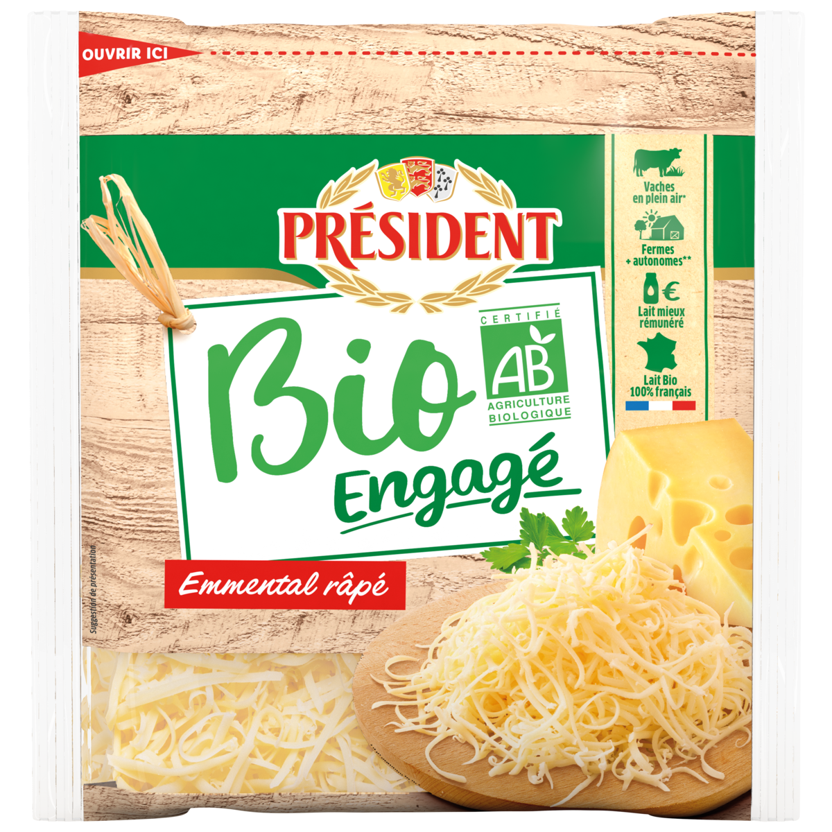 PRESIDENT Emmental râpé bio 150g