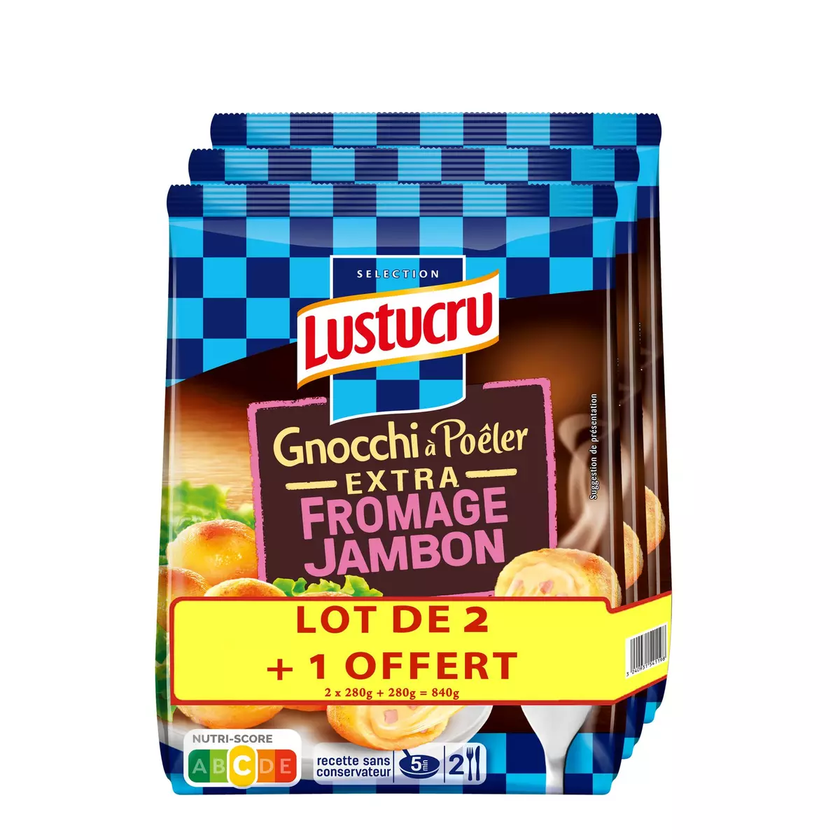 LUSTUCRU Gnocchi à poêler extra fromage jambon 2+1 offert 3x280g