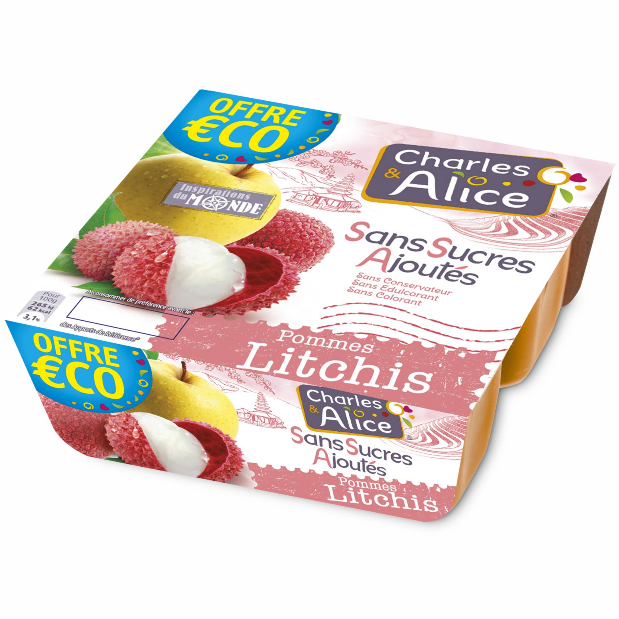 CHARLES & ALICE Spécialités pommes litchis sans sucres ajoutés 4x97g