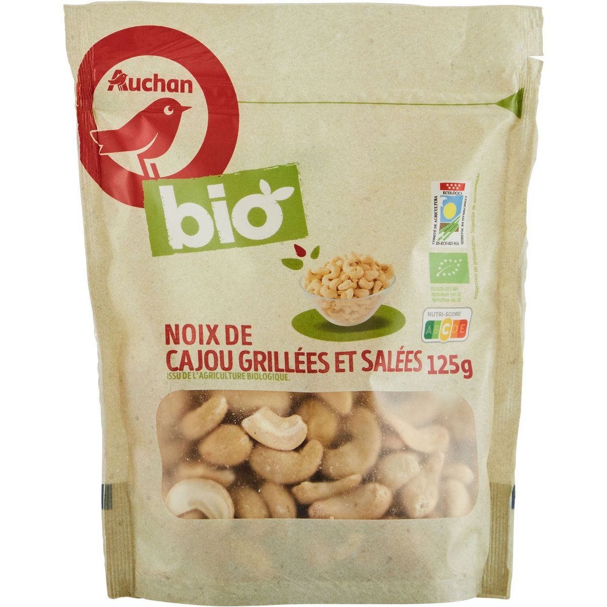 AUCHAN BIO Noix de cajou grillées salées bio 125g