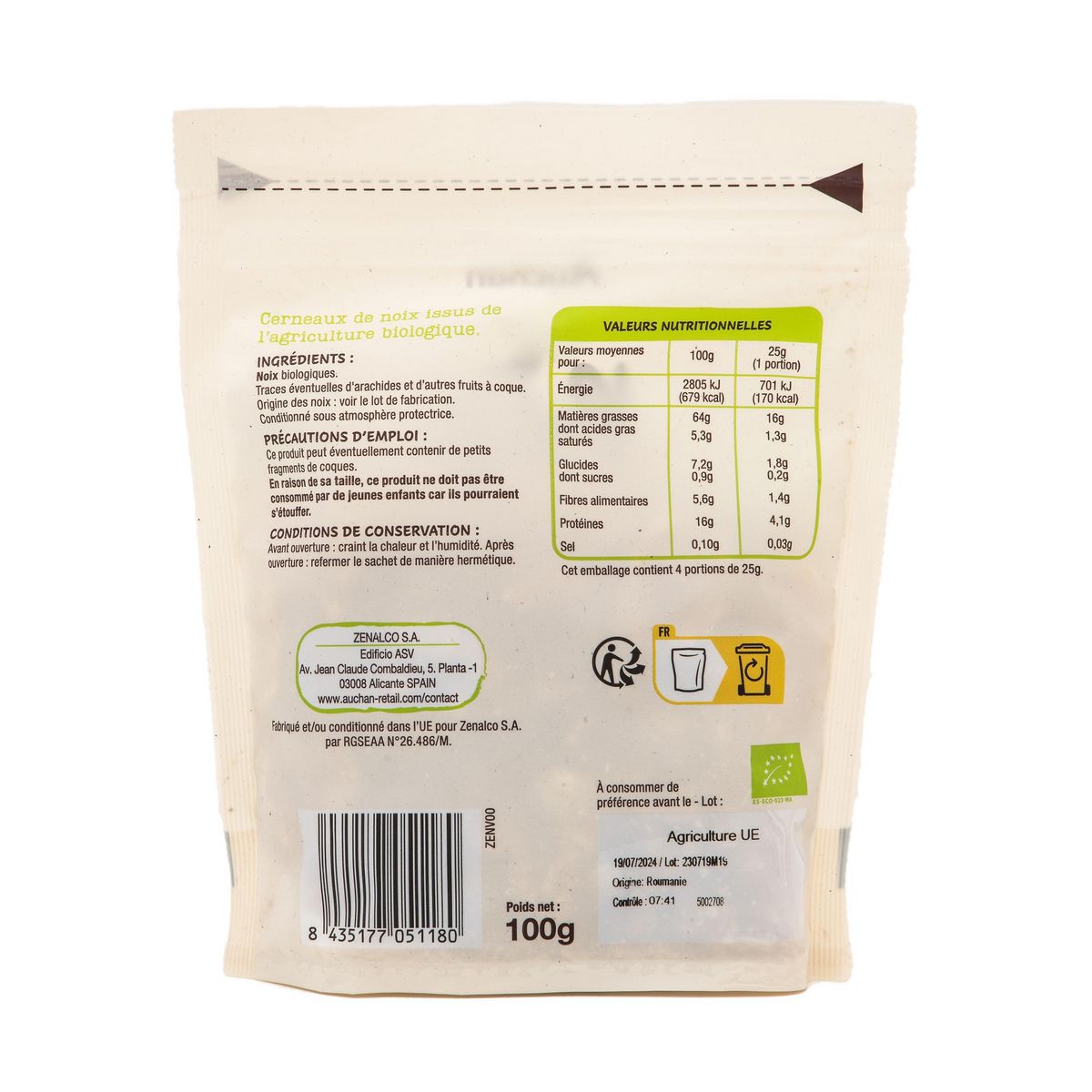 AUCHAN BIO Cerneaux de noix 100g