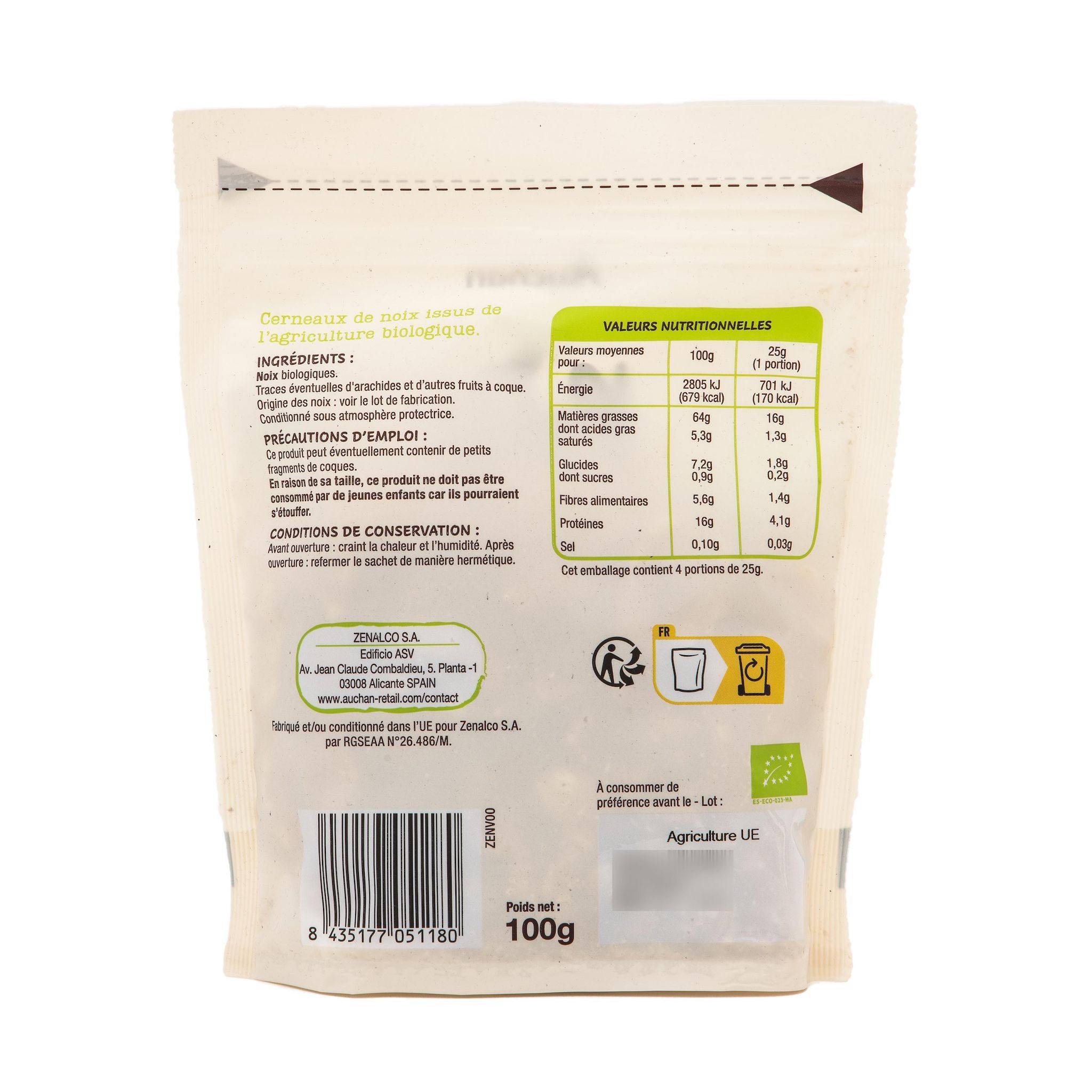 Voir la diapositive 2 : AUCHAN BIO Cerneaux de noix 100g