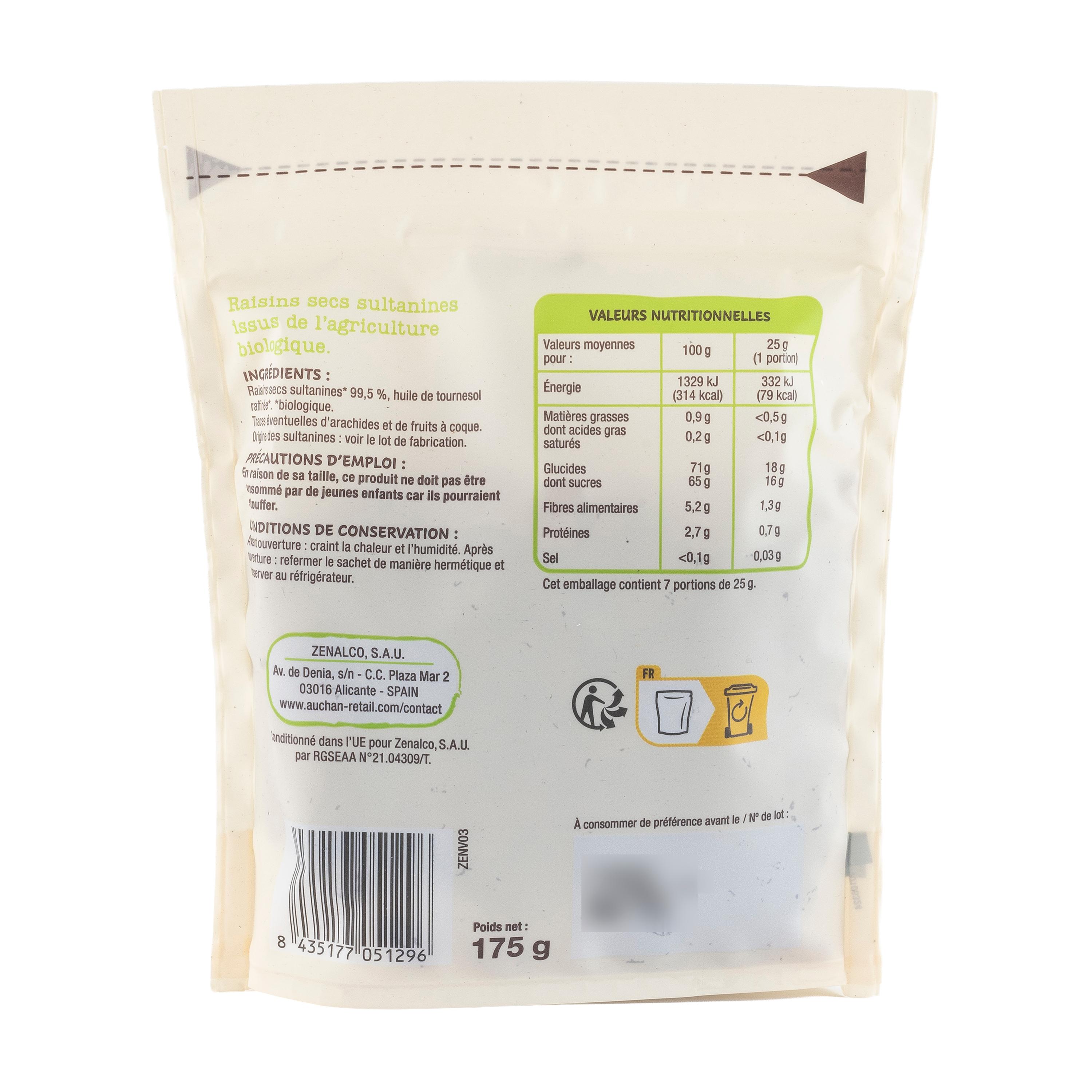 Voir la diapositive 2 : AUCHAN BIO Raisins secs sultanines 175g