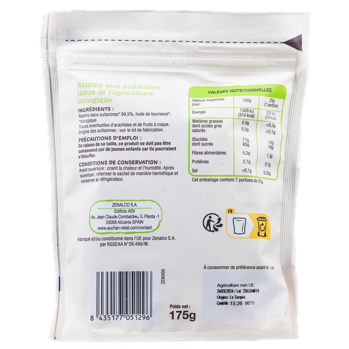 AUCHAN BIO Raisins secs sultanines 175g