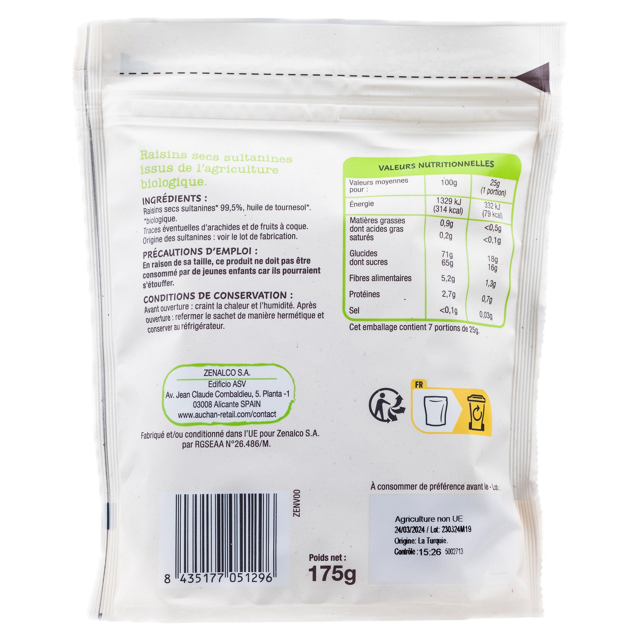 Voir la diapositive 2 : AUCHAN BIO Raisins secs sultanines 175g