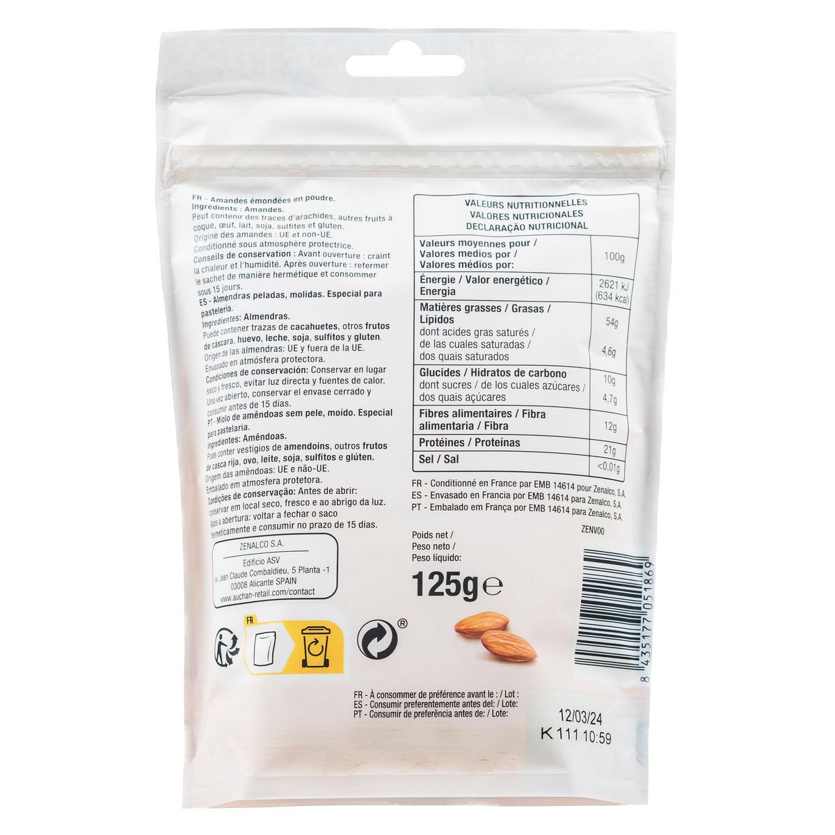 AUCHAN Amandes émondées en poudre 125g