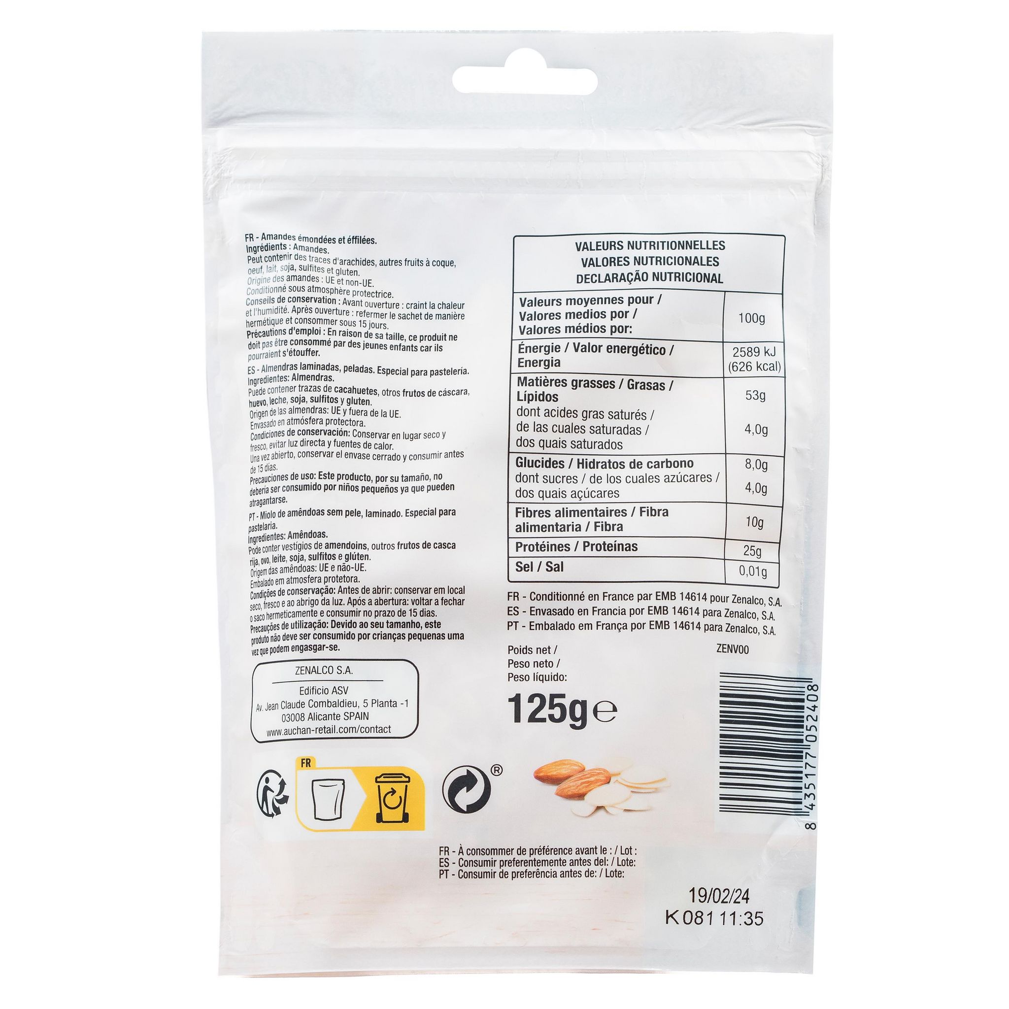 Voir la diapositive 2 : AUCHAN Amandes effilées émondées sachet refermable 125g