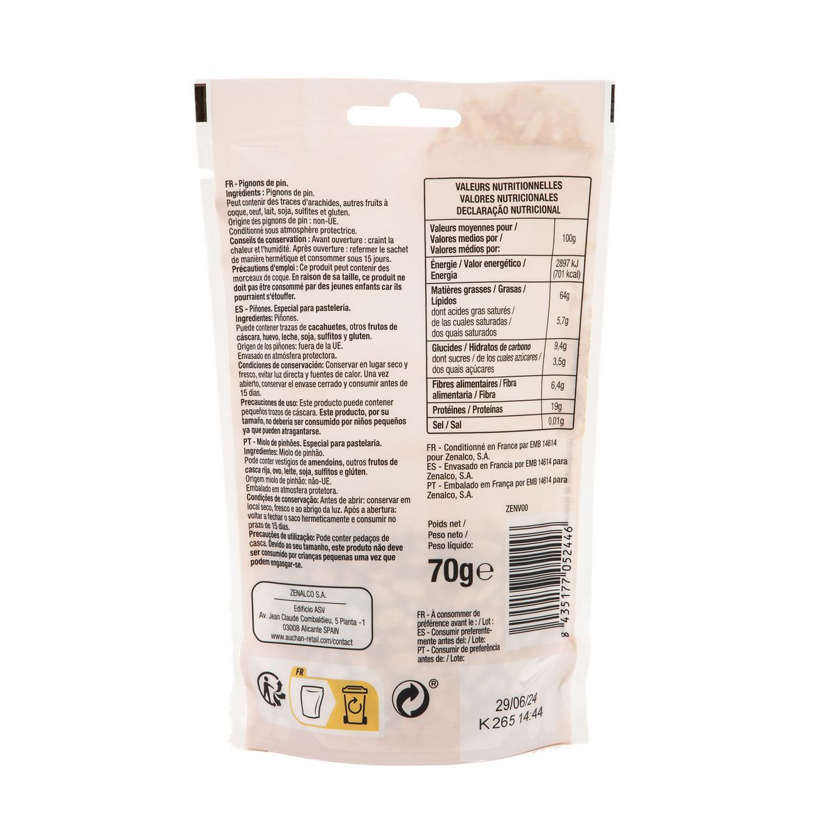 AUCHAN Pignons de pin décortiqués 70g