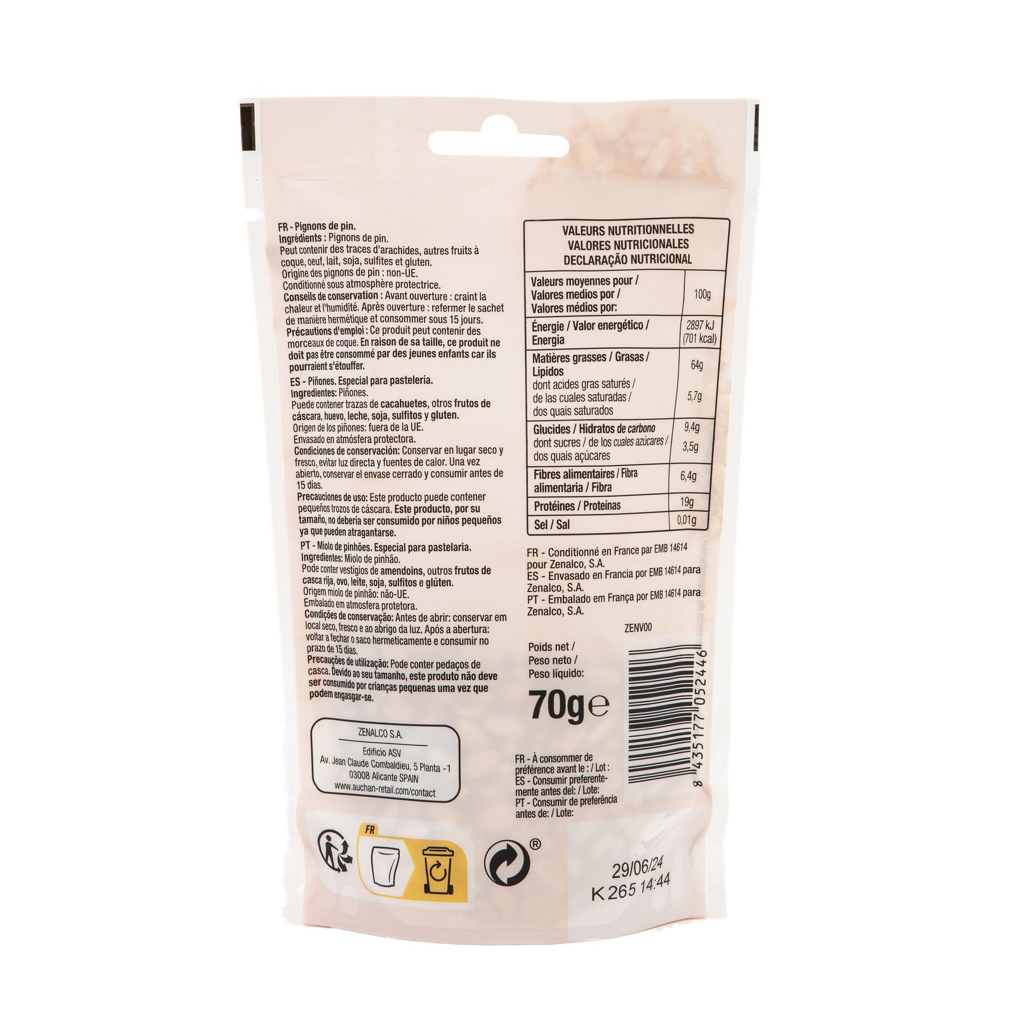 Voir la diapositive 2 : AUCHAN Pignons de pin décortiqués 70g