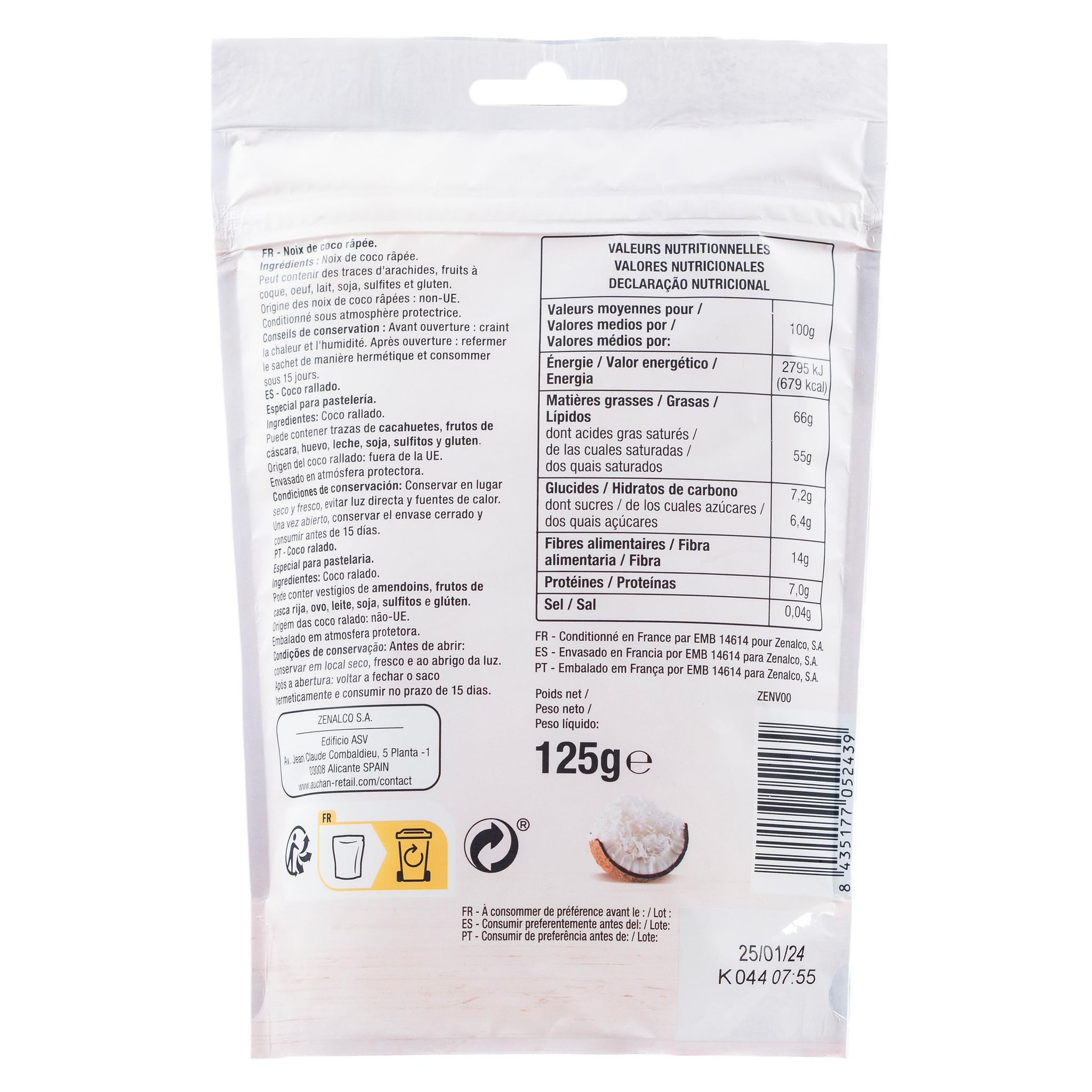 Voir la diapositive 2 : AUCHAN Noix de coco râpée sachet refermable 125g