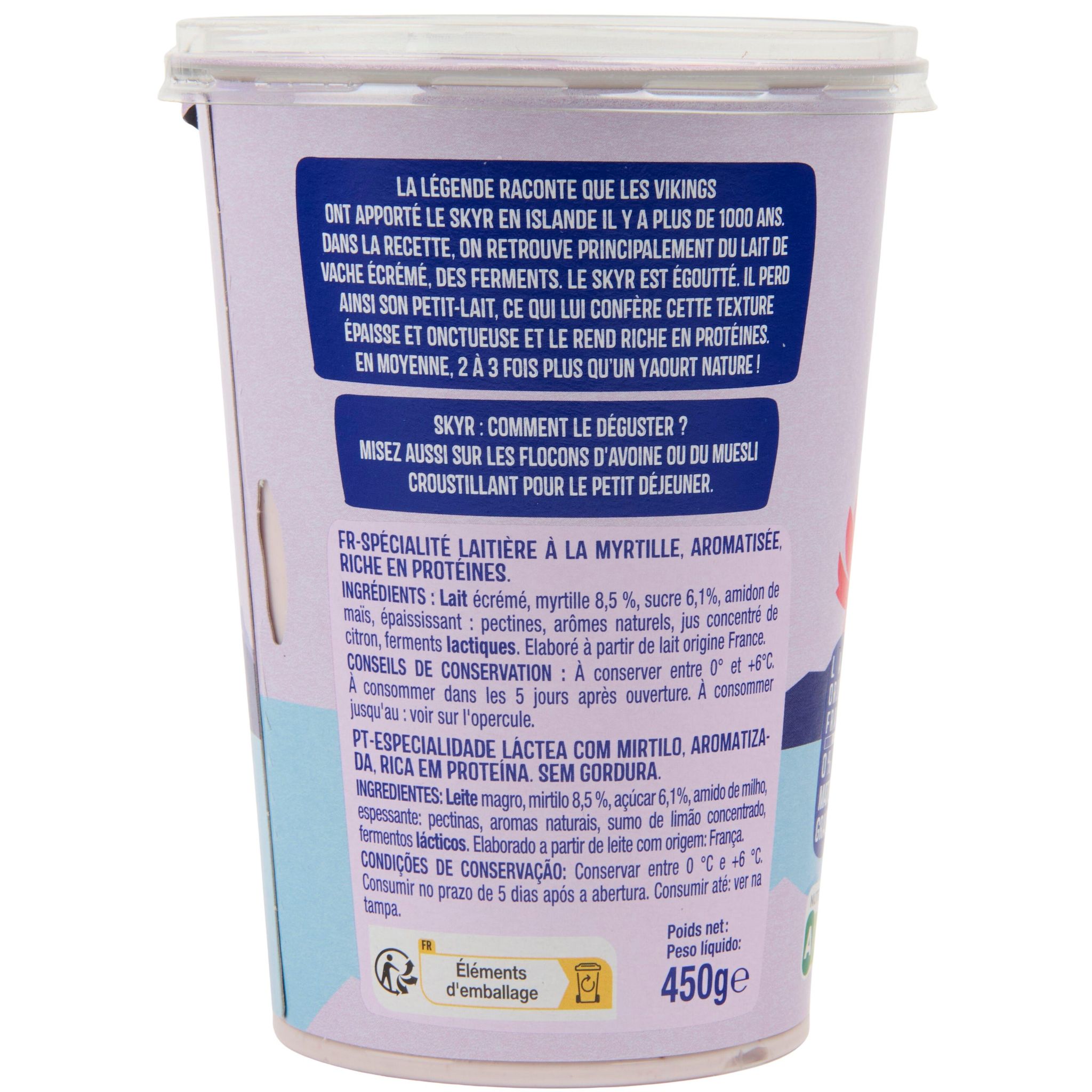 Voir la diapositive 2 : AUCHAN Skyr à la myrtille 0% MG 450g