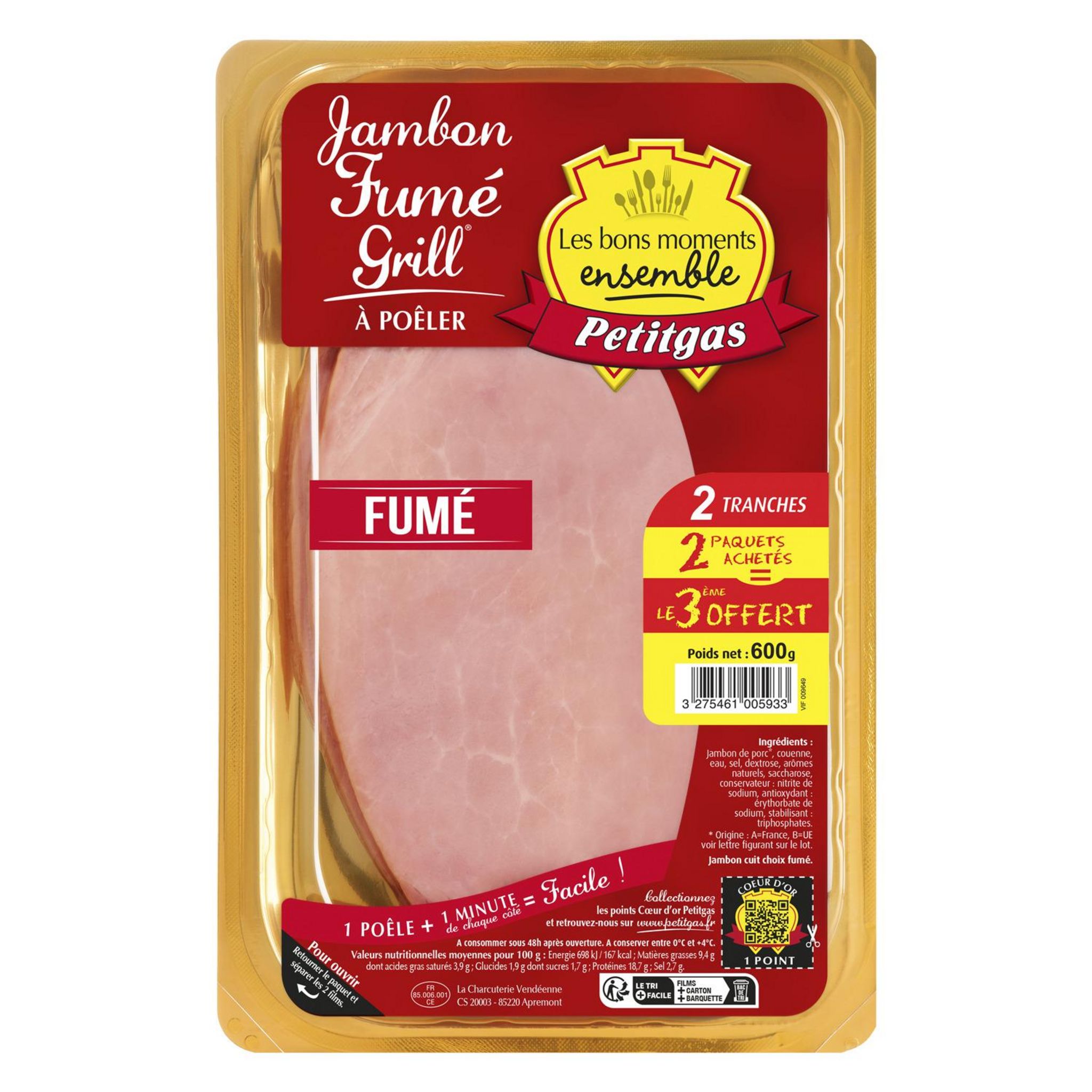 PETITGAS Jambon fumé grill à poêler Lot de 2x2 tranches+ 1 lot offert 600g