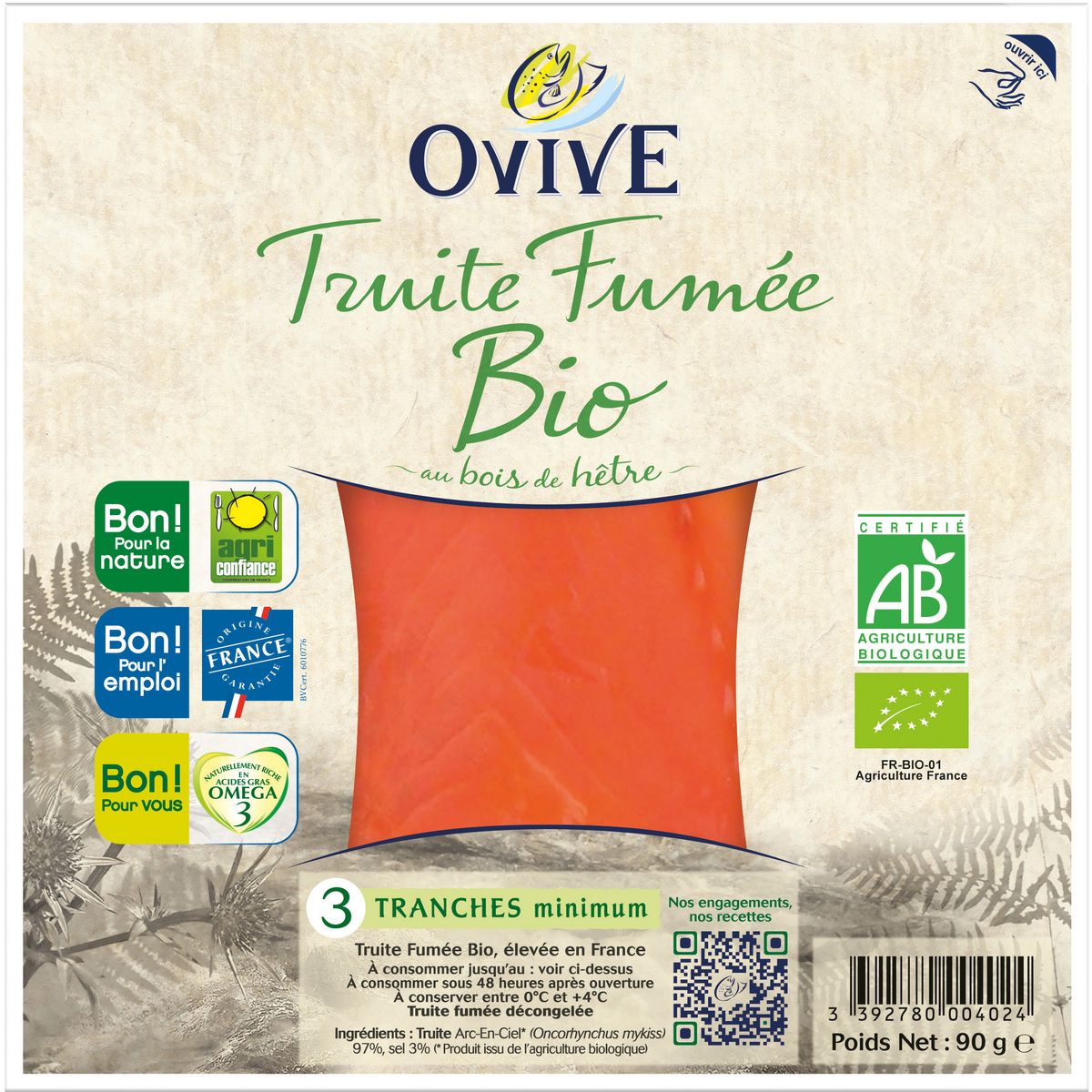 OVIVE Truite fumée au bois de hêtre bio 3 tranches 90g