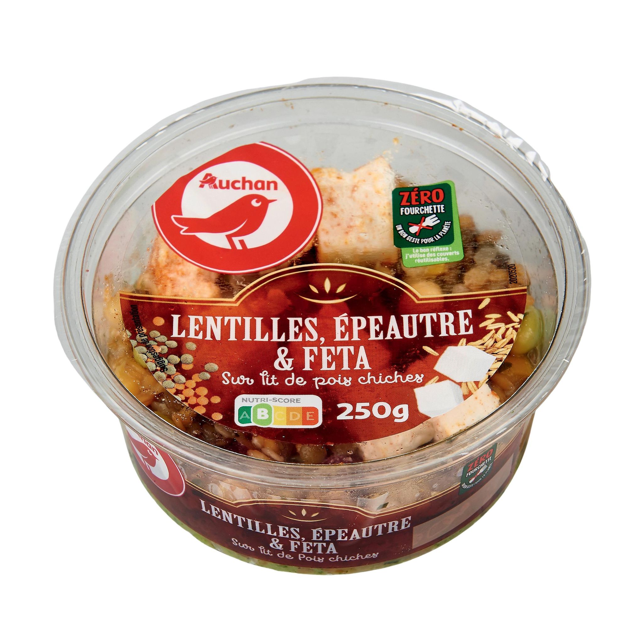 Voir la diapositive 2 : AUCHAN Lentilles épeautre et féta sur lit de pois chiches sans couverts 250g
