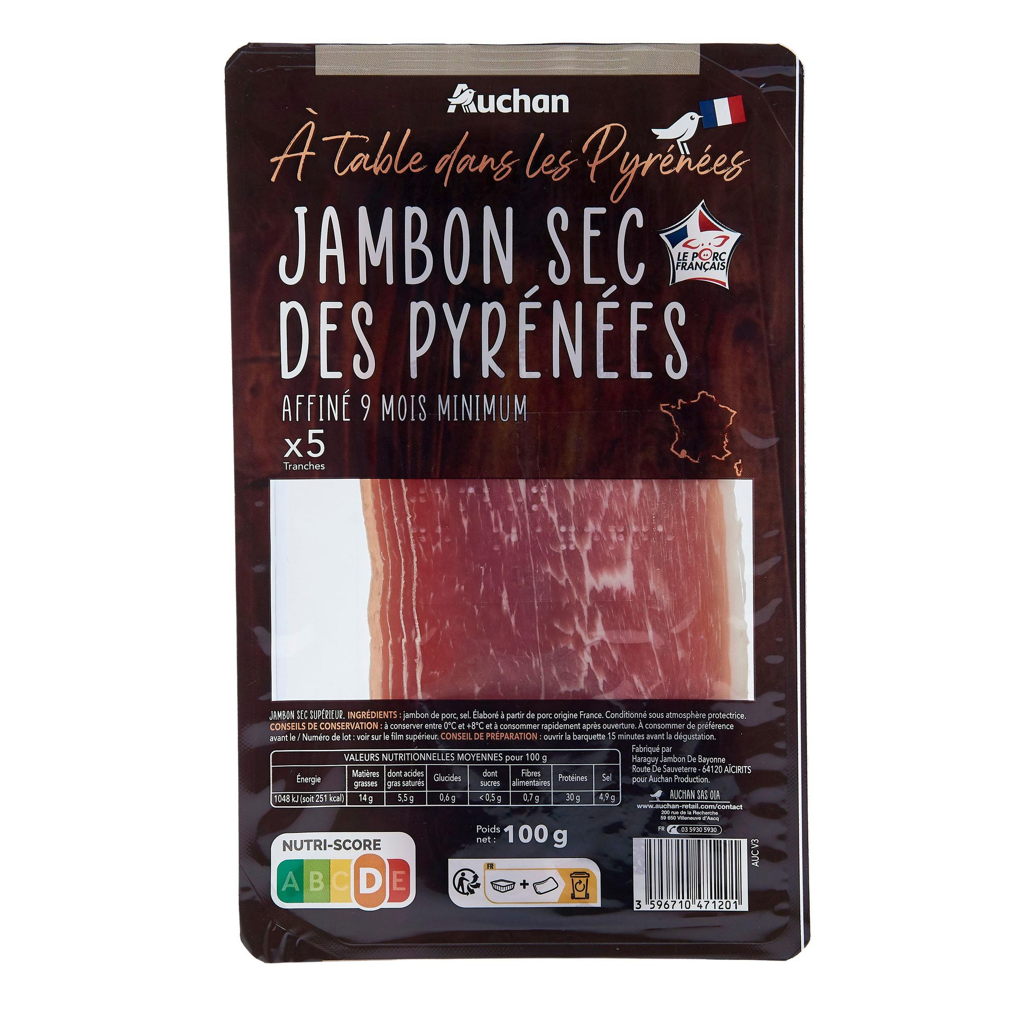 Voir la diapositive 2 : AUCHAN TERROIR Jambon sec des Pyrénées 5 tranches 100g