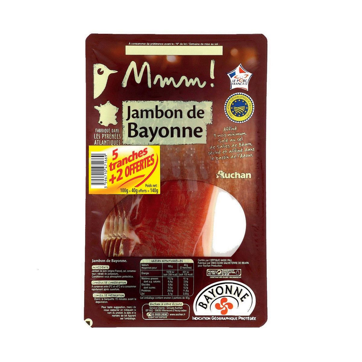 AUCHAN TERROIR Jambon de Bayonne en tranches 5 tranches+2offertes 140g