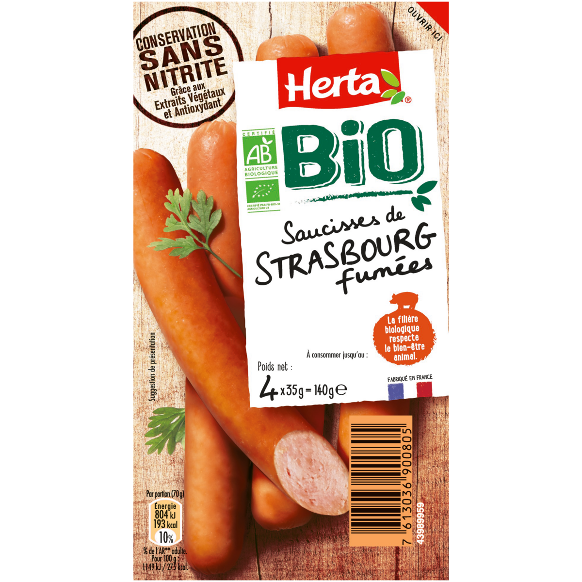 HERTA Saucisses de Strasbourg fumées bio sans nitrite 4 pièces 140g