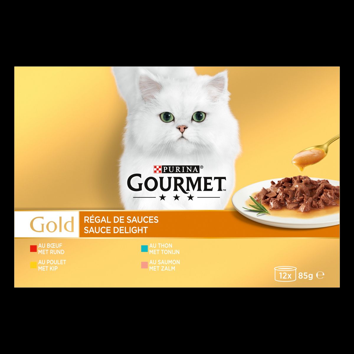 GOURMET Gold Régal de sauces boîtes de pâtée viandes poissons pour chat 12 boîtes 12x85g