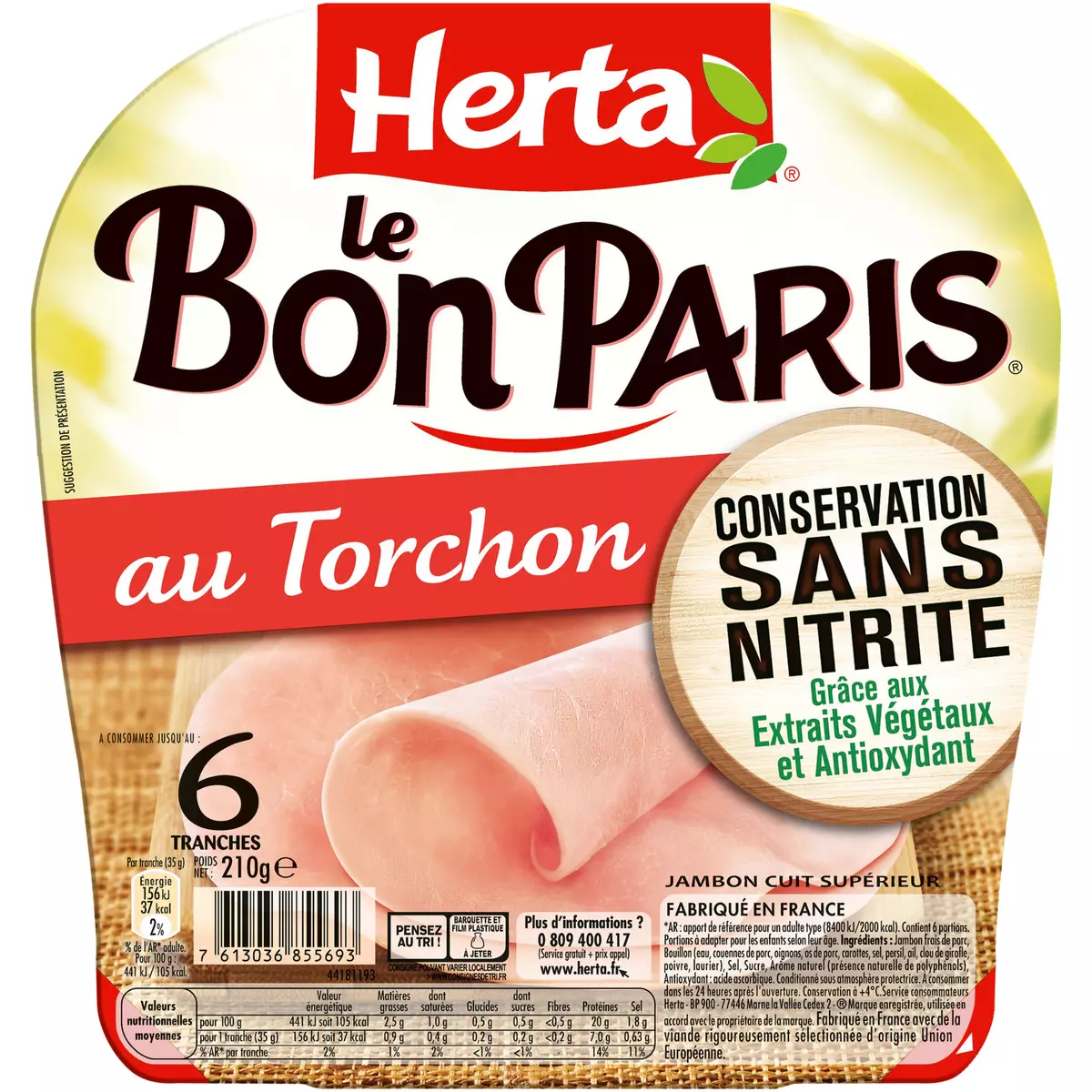 HERTA Le bon Paris jambon cuit au torchon sans nitrite 6 tranches 210g