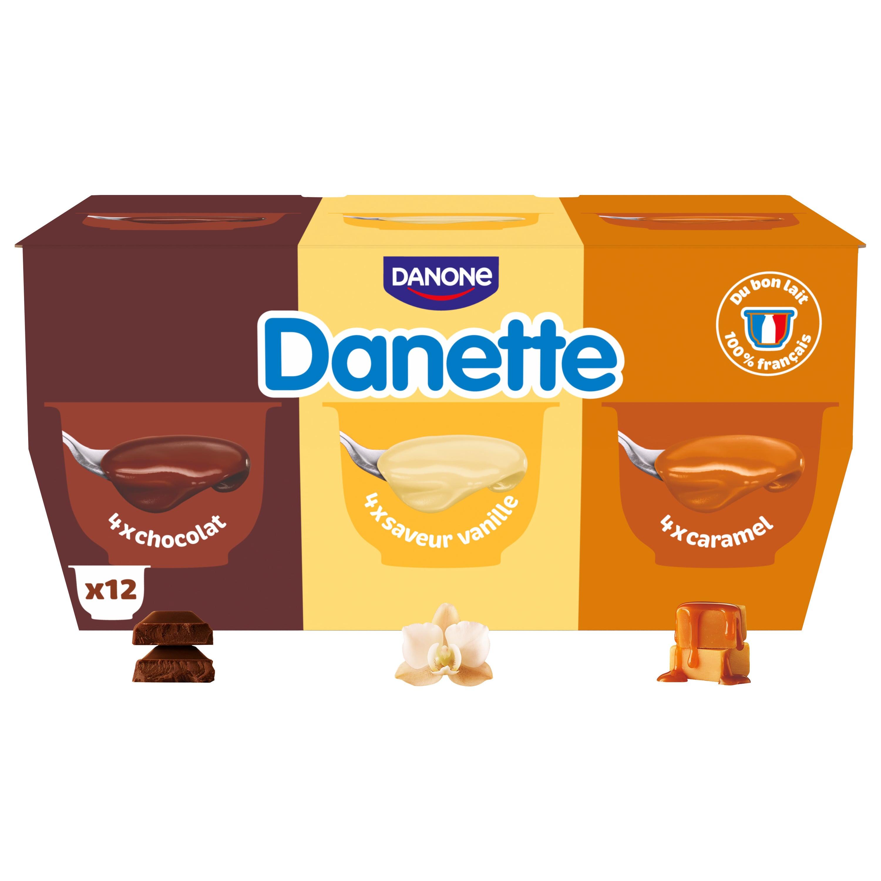 Voir la diapositive 2 : DANETTE Crème dessert chocolat caramel vanille 12x115g