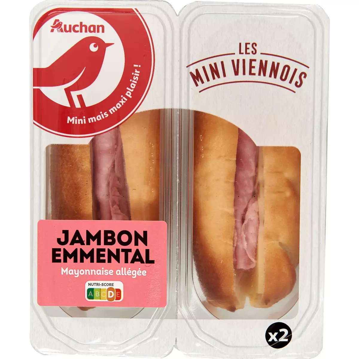AUCHAN Mini sandwich viennois au jambon emmental et mayonnaise allégée 2 pièces 130g